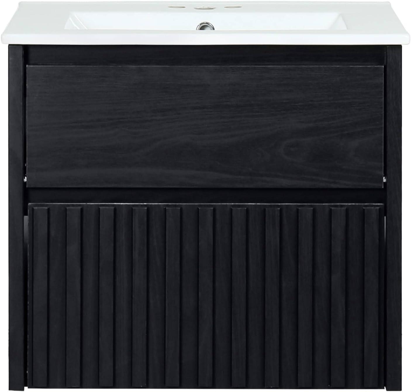 imageJONATHAN Y VAN1016C Sherwin 24 in W x 18 in D x 20 in H Slat Modern Coastal 2Drawer Wall Mounted Bathroom Vanity Cabinet Only with Soft Closing Doors Sink Basin Not Included BlackBlack