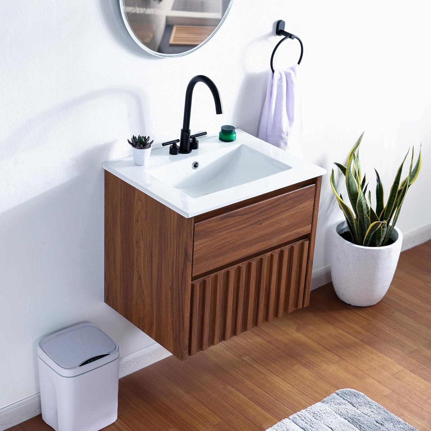 imageJONATHAN Y VAN1016C Sherwin 24 in W x 18 in D x 20 in H Slat Modern Coastal 2Drawer Wall Mounted Bathroom Vanity Cabinet Only with Soft Closing Doors Sink Basin Not Included BlackWalnut