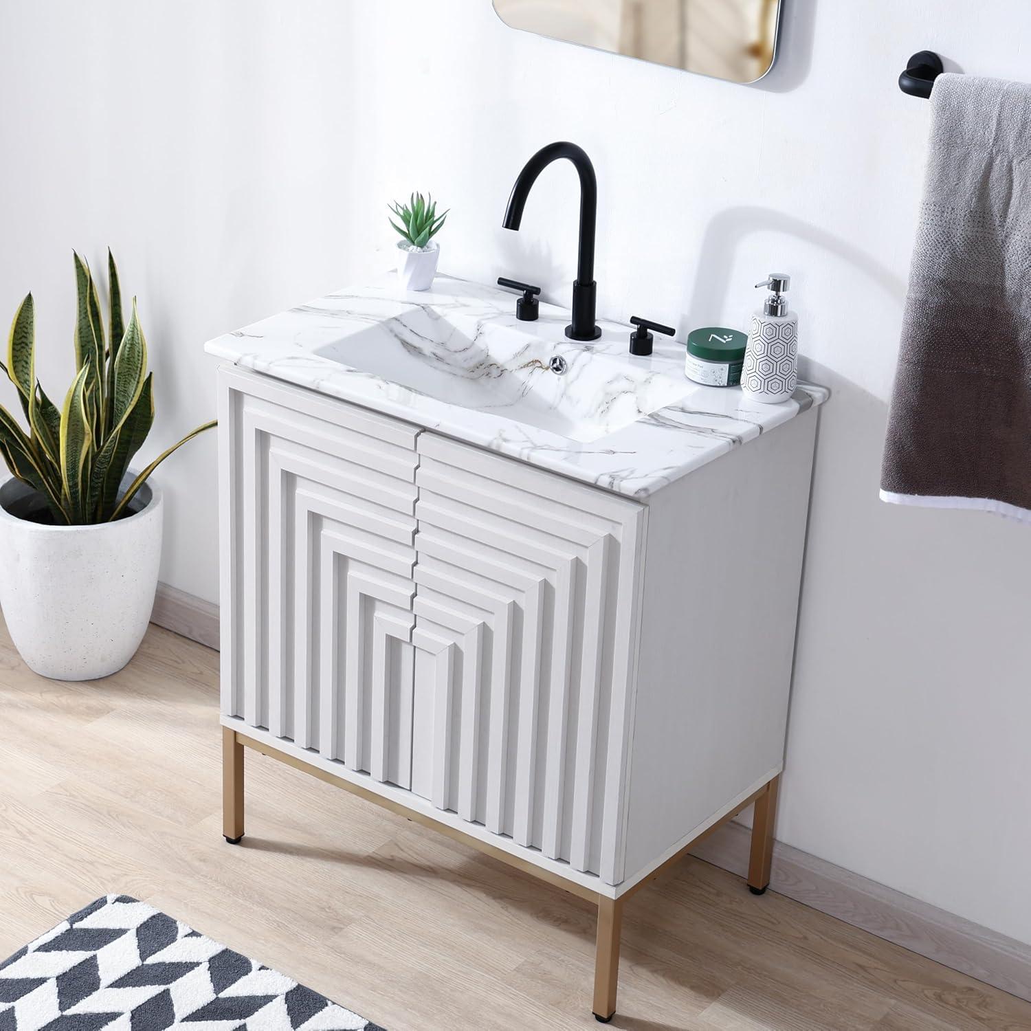 imageJONATHAN Y VAN1020A Rowan 30 in W x 18 in D x 33 in H Geometric Modern Transitional 2Shelf Bathroom Vanity Cabinet Only with Soft Closing Doors Sink Basin Not Included OakWhite