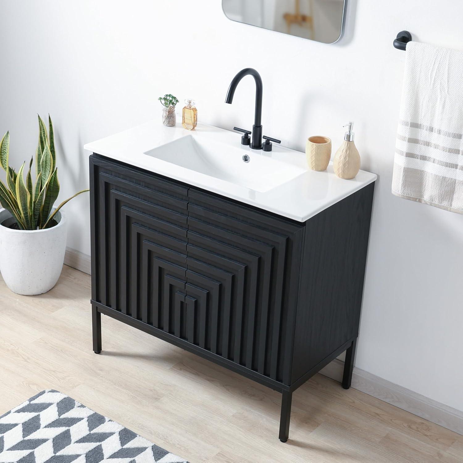 imageJONATHAN Y VAN1020A Rowan 30 in W x 18 in D x 33 in H Geometric Modern Transitional 2Shelf Bathroom Vanity Cabinet Only with Soft Closing Doors Sink Basin Not Included OakBlack