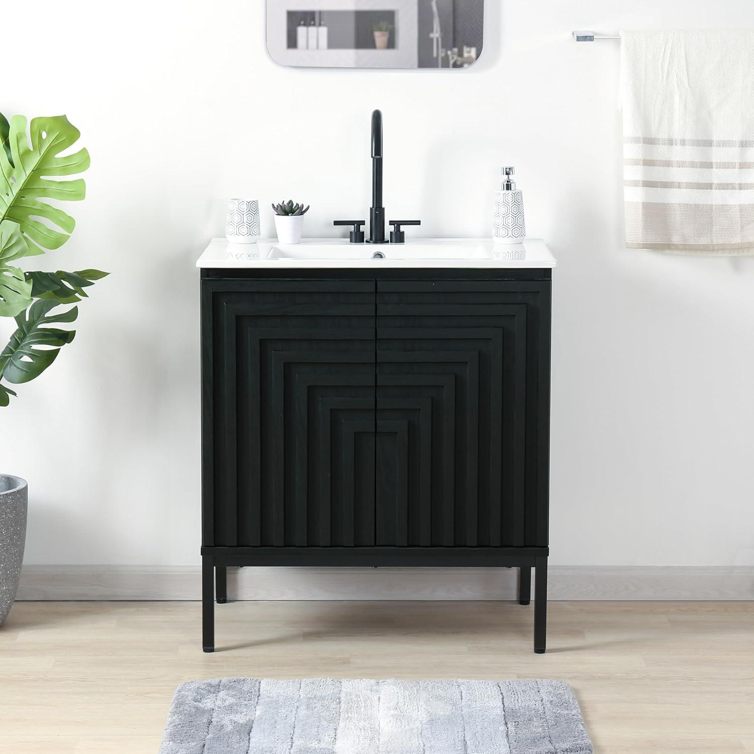 imageJONATHAN Y VAN1020A Rowan 30 in W x 18 in D x 33 in H Geometric Modern Transitional 2Shelf Bathroom Vanity Cabinet Only with Soft Closing Doors Sink Basin Not Included OakBlack