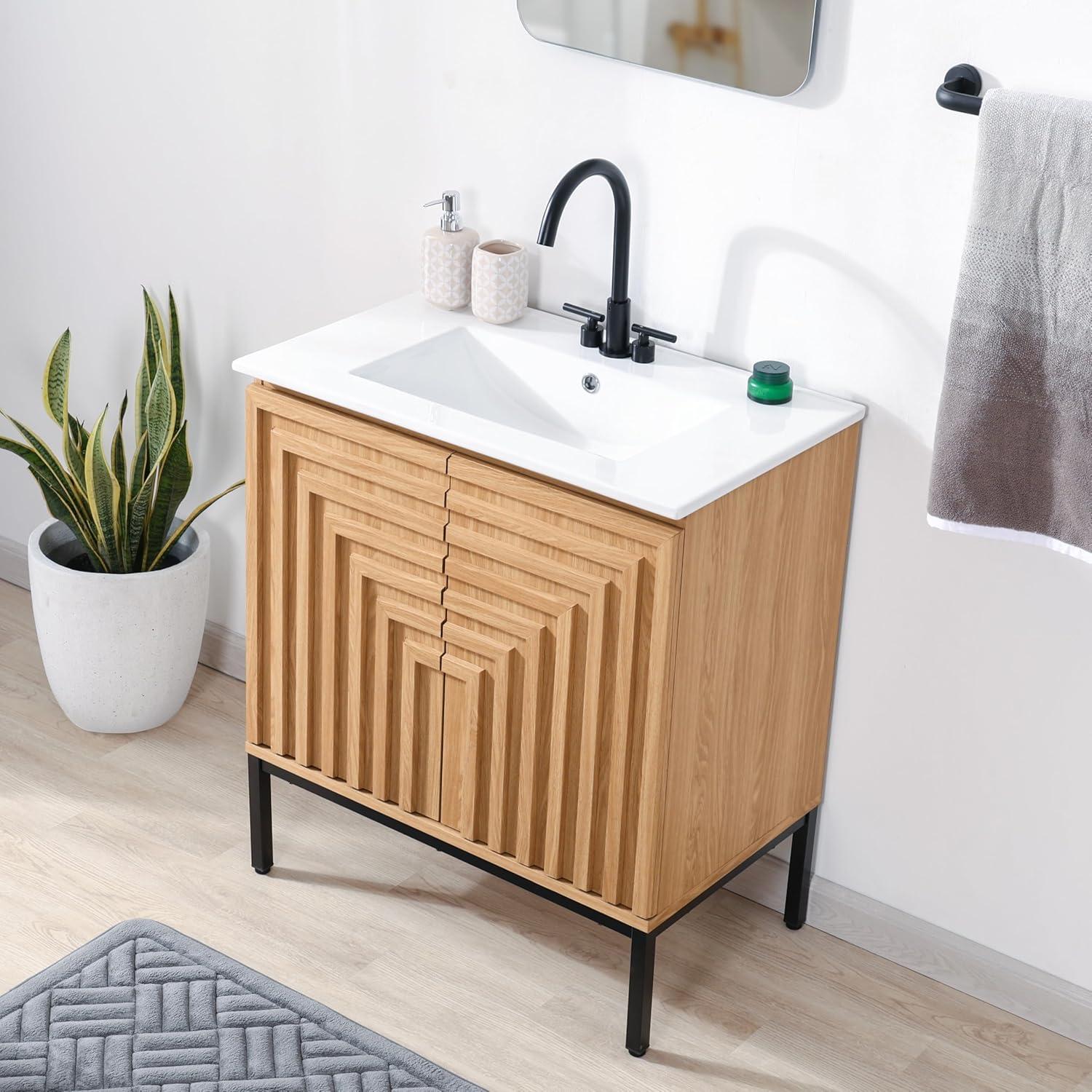 imageJONATHAN Y VAN1020A Rowan 30 in W x 18 in D x 33 in H Geometric Modern Transitional 2Shelf Bathroom Vanity Cabinet Only with Soft Closing Doors Sink Basin Not Included OakOak