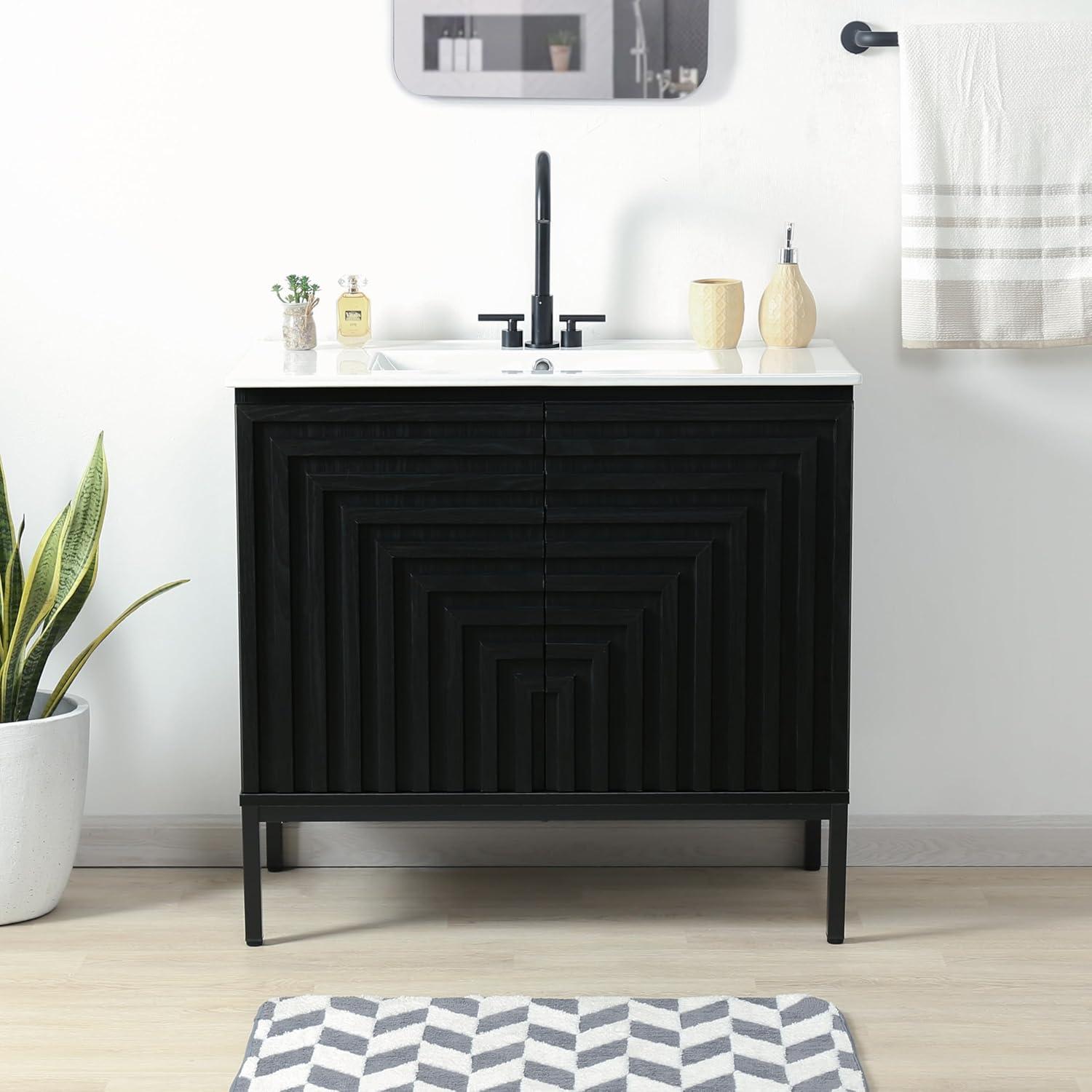 imageJONATHAN Y VAN1020A Rowan 30 in W x 18 in D x 33 in H Geometric Modern Transitional 2Shelf Bathroom Vanity Cabinet Only with Soft Closing Doors Sink Basin Not Included OakBlack