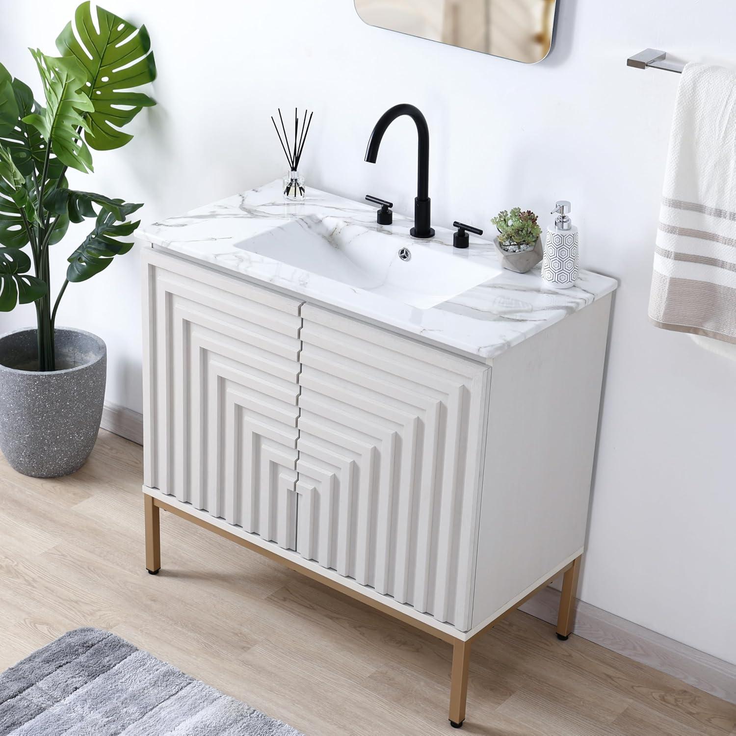 imageJONATHAN Y VAN1020A Rowan 30 in W x 18 in D x 33 in H Geometric Modern Transitional 2Shelf Bathroom Vanity Cabinet Only with Soft Closing Doors Sink Basin Not Included OakWhite