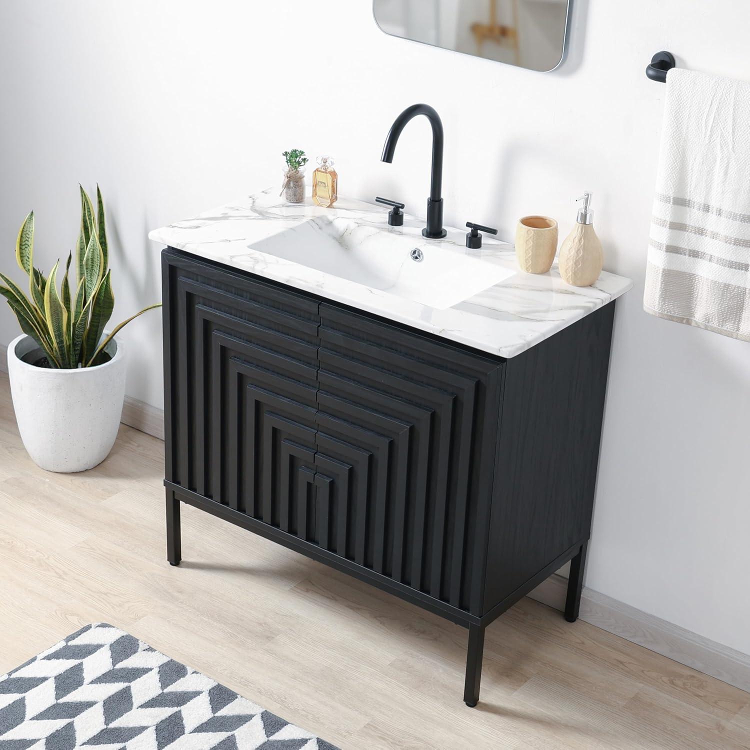 imageJONATHAN Y VAN1020A Rowan 30 in W x 18 in D x 33 in H Geometric Modern Transitional 2Shelf Bathroom Vanity Cabinet Only with Soft Closing Doors Sink Basin Not Included OakBlack