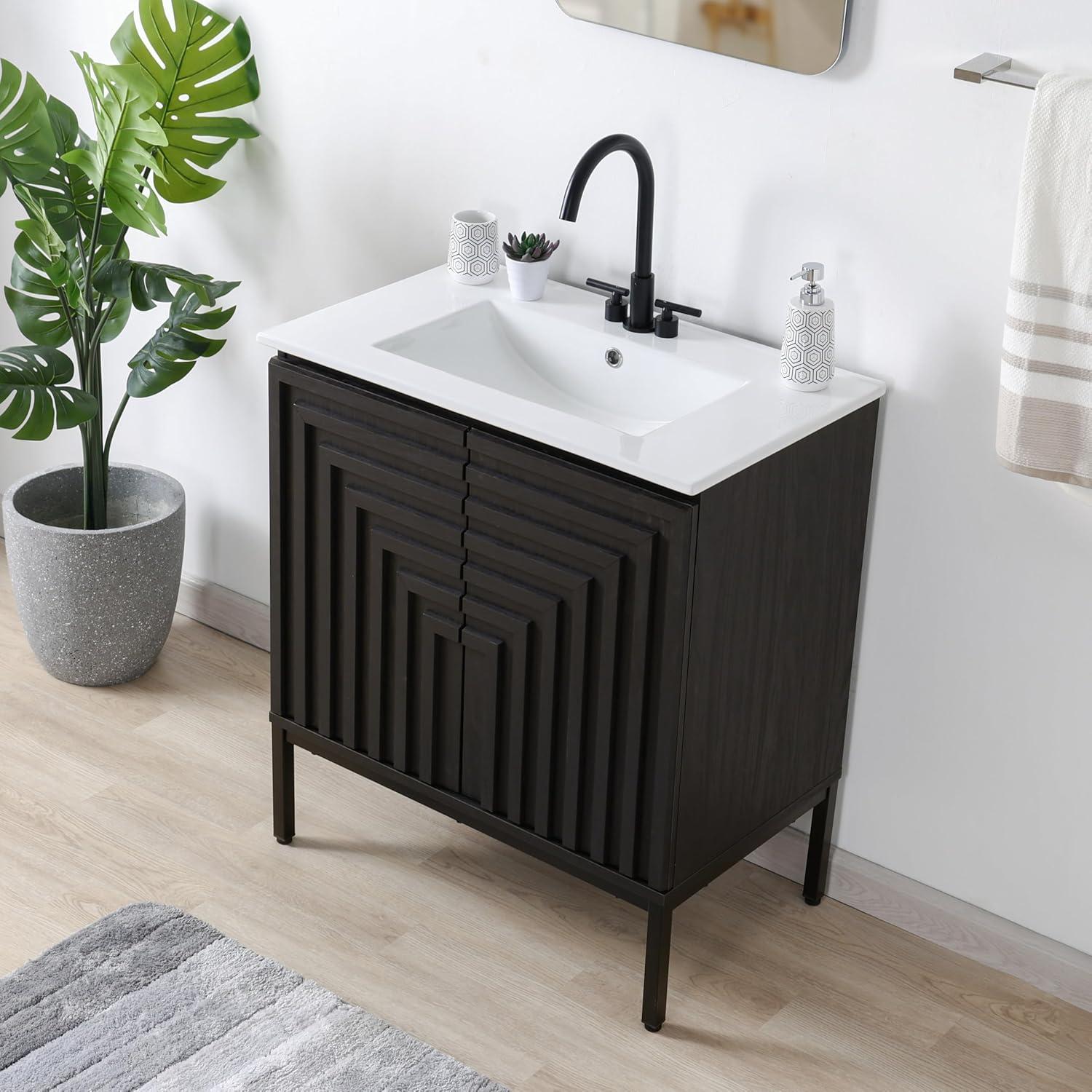 imageJONATHAN Y VAN1020A Rowan 30 in W x 18 in D x 33 in H Geometric Modern Transitional 2Shelf Bathroom Vanity Cabinet Only with Soft Closing Doors Sink Basin Not Included OakBlack