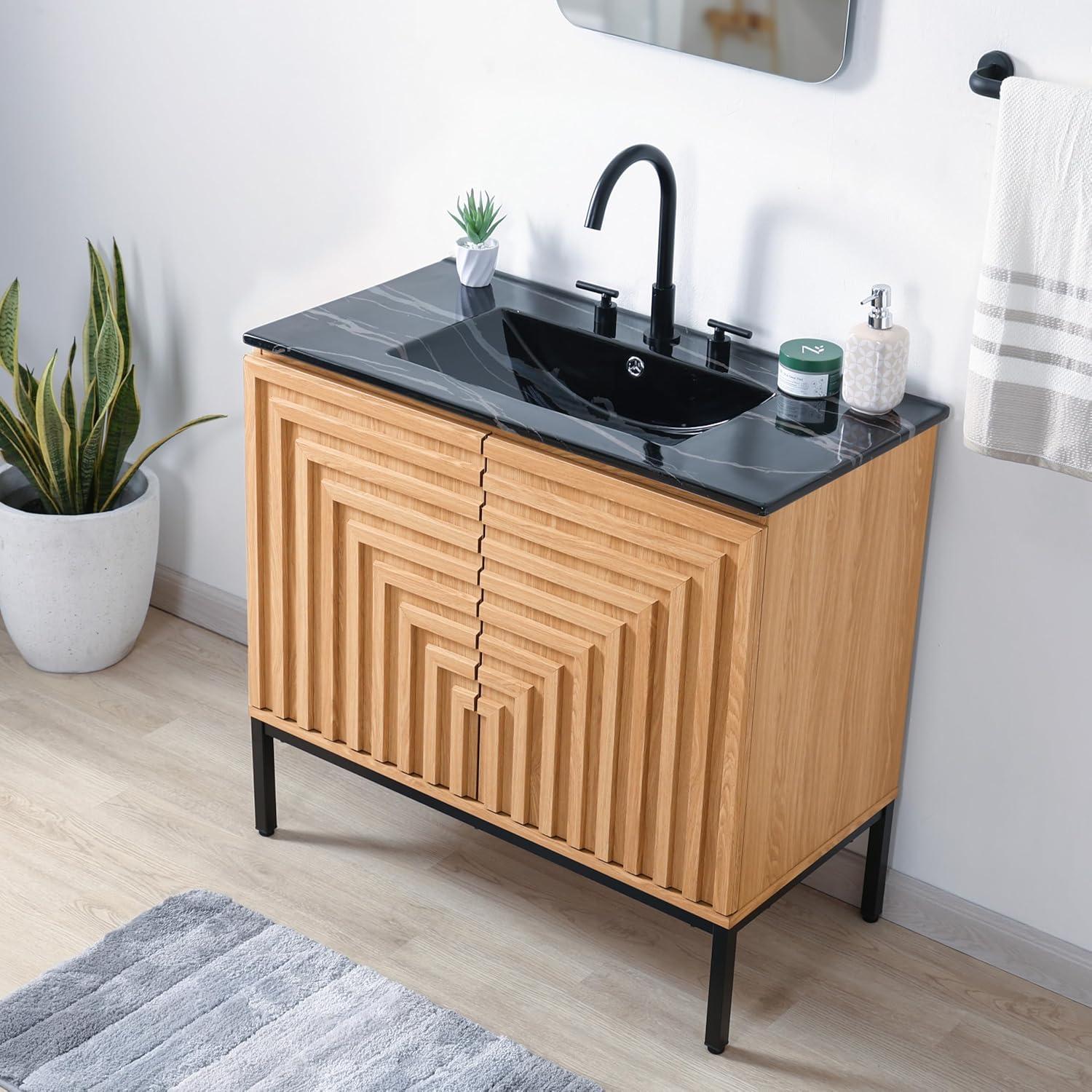 imageJONATHAN Y VAN1020A Rowan 30 in W x 18 in D x 33 in H Geometric Modern Transitional 2Shelf Bathroom Vanity Cabinet Only with Soft Closing Doors Sink Basin Not Included OakOak
