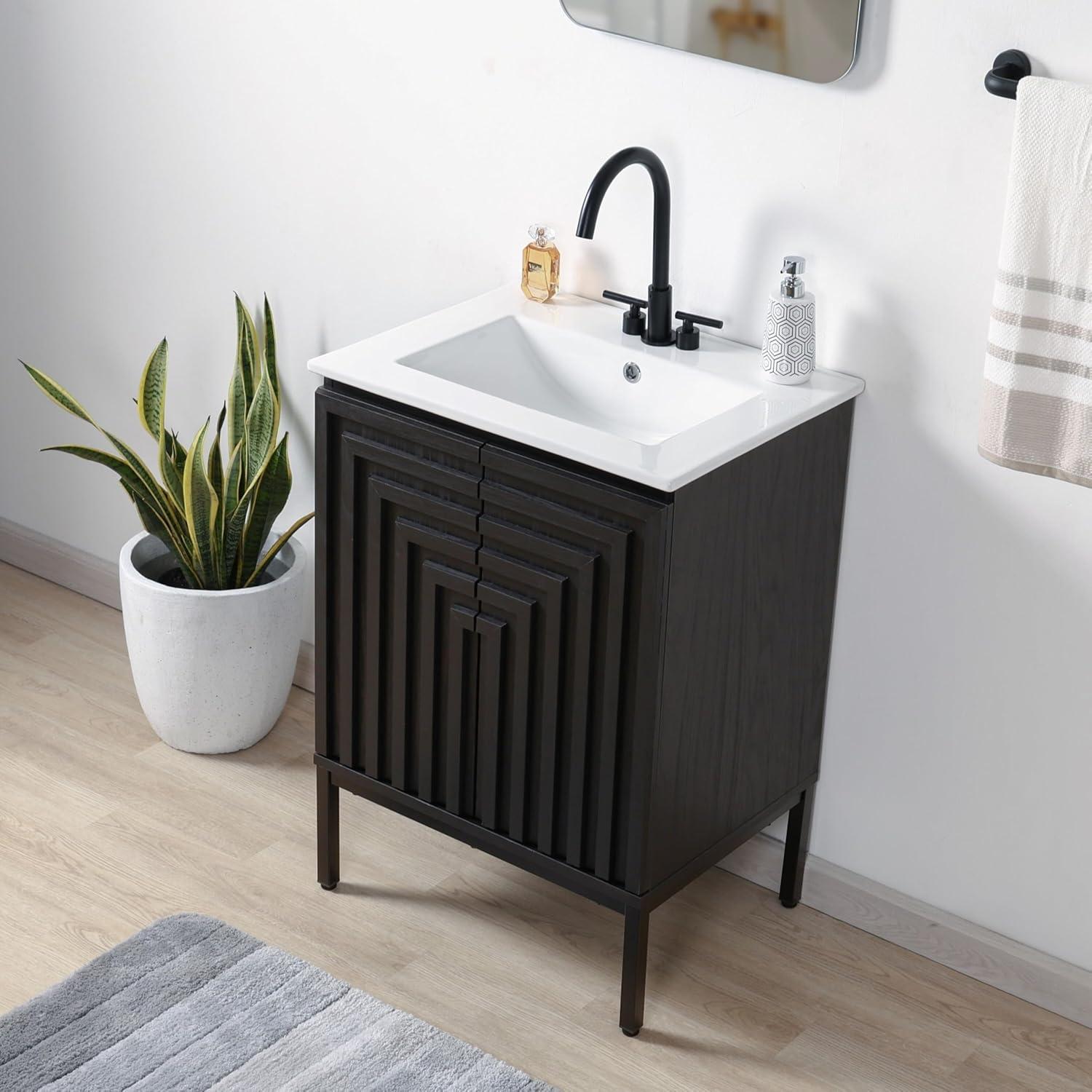 imageJONATHAN Y VAN1020A Rowan 30 in W x 18 in D x 33 in H Geometric Modern Transitional 2Shelf Bathroom Vanity Cabinet Only with Soft Closing Doors Sink Basin Not Included OakBlack
