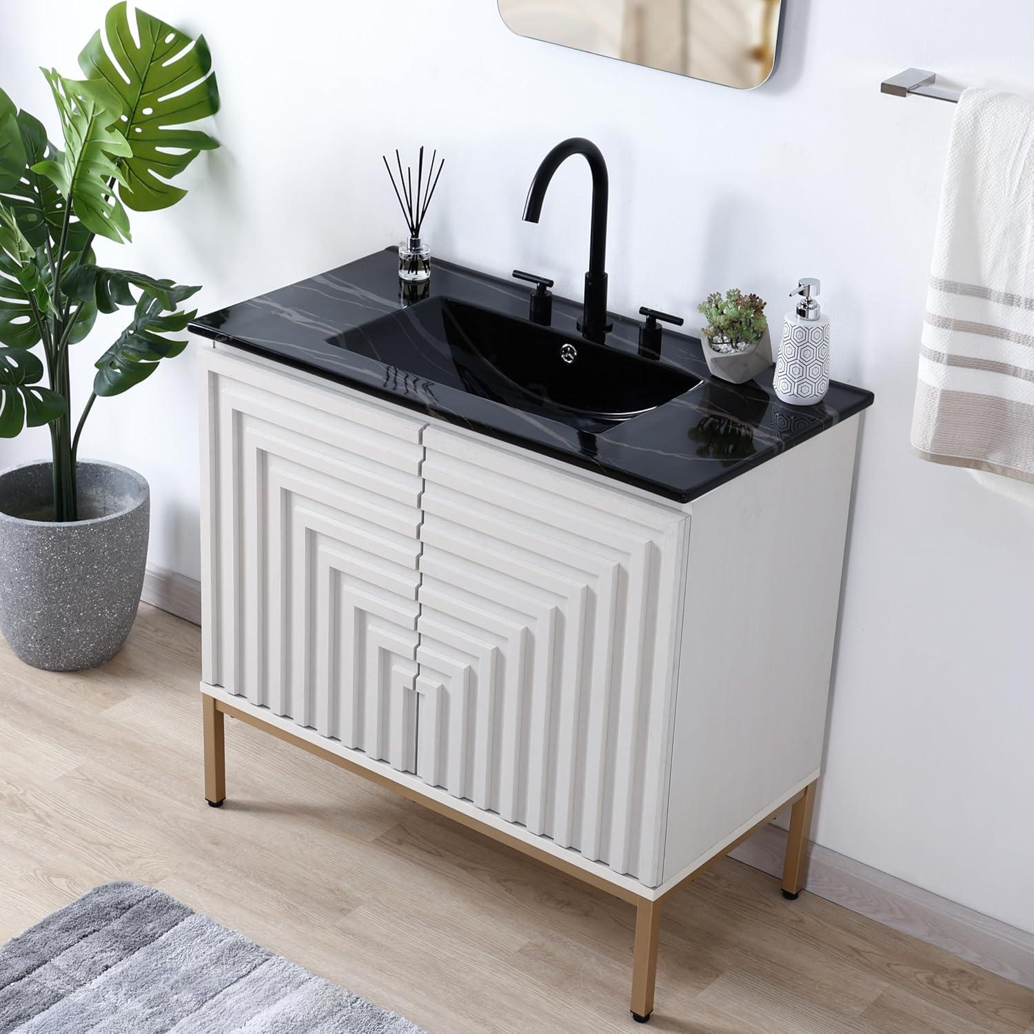 imageJONATHAN Y VAN1020A Rowan 30 in W x 18 in D x 33 in H Geometric Modern Transitional 2Shelf Bathroom Vanity Cabinet Only with Soft Closing Doors Sink Basin Not Included OakWhite