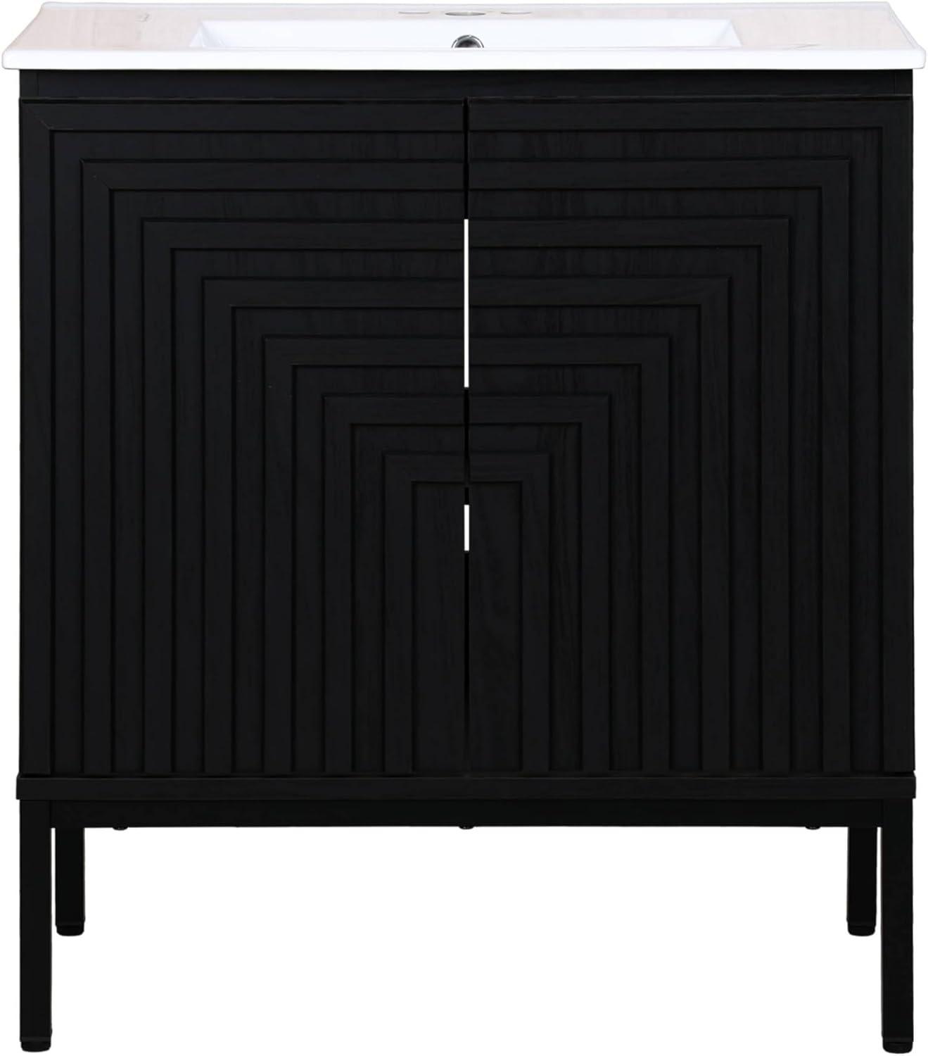 imageJONATHAN Y VAN1020A Rowan 30 in W x 18 in D x 33 in H Geometric Modern Transitional 2Shelf Bathroom Vanity Cabinet Only with Soft Closing Doors Sink Basin Not Included OakBlack