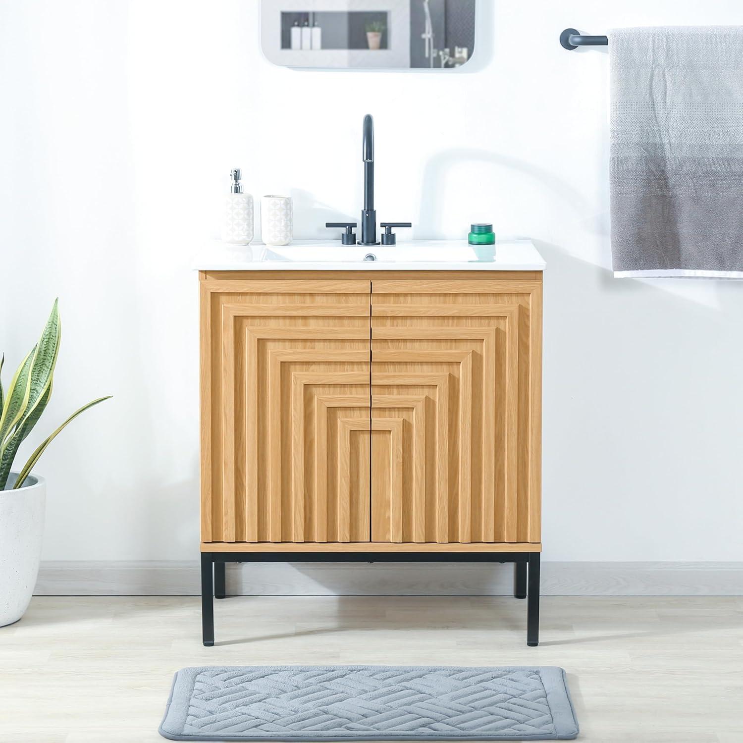 imageJONATHAN Y VAN1020A Rowan 30 in W x 18 in D x 33 in H Geometric Modern Transitional 2Shelf Bathroom Vanity Cabinet Only with Soft Closing Doors Sink Basin Not Included OakOak
