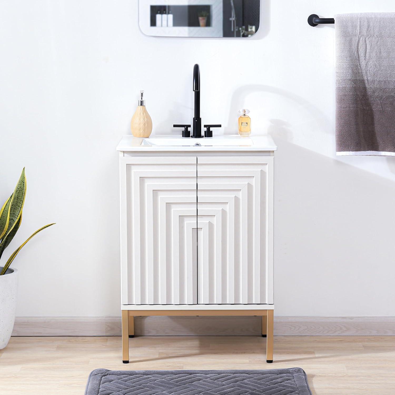 imageJONATHAN Y VAN1020A Rowan 30 in W x 18 in D x 33 in H Geometric Modern Transitional 2Shelf Bathroom Vanity Cabinet Only with Soft Closing Doors Sink Basin Not Included OakWhite