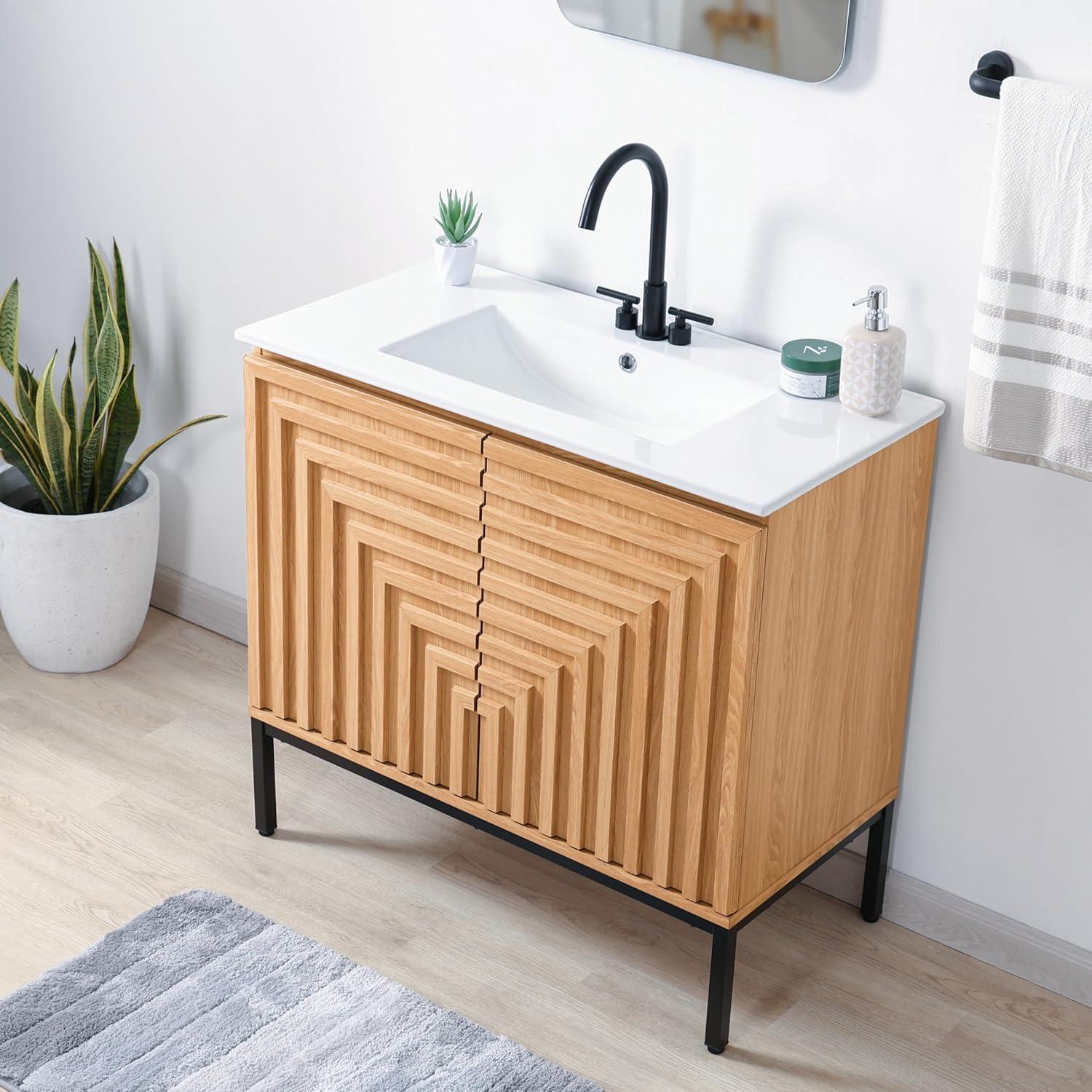 imageJONATHAN Y VAN1020A Rowan 30 in W x 18 in D x 33 in H Geometric Modern Transitional 2Shelf Bathroom Vanity Cabinet Only with Soft Closing Doors Sink Basin Not Included OakOak