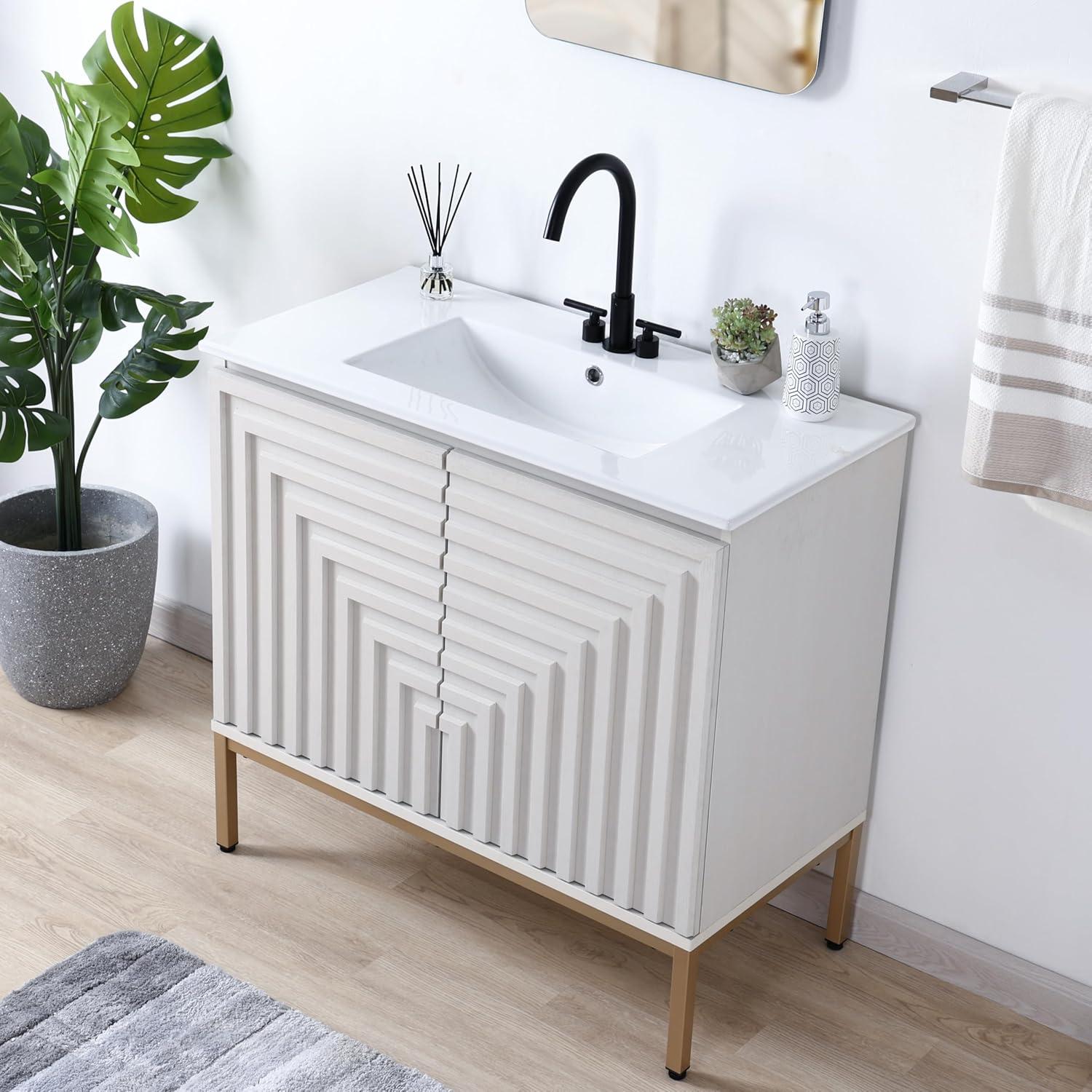 imageJONATHAN Y VAN1020A Rowan 30 in W x 18 in D x 33 in H Geometric Modern Transitional 2Shelf Bathroom Vanity Cabinet Only with Soft Closing Doors Sink Basin Not Included OakWhite