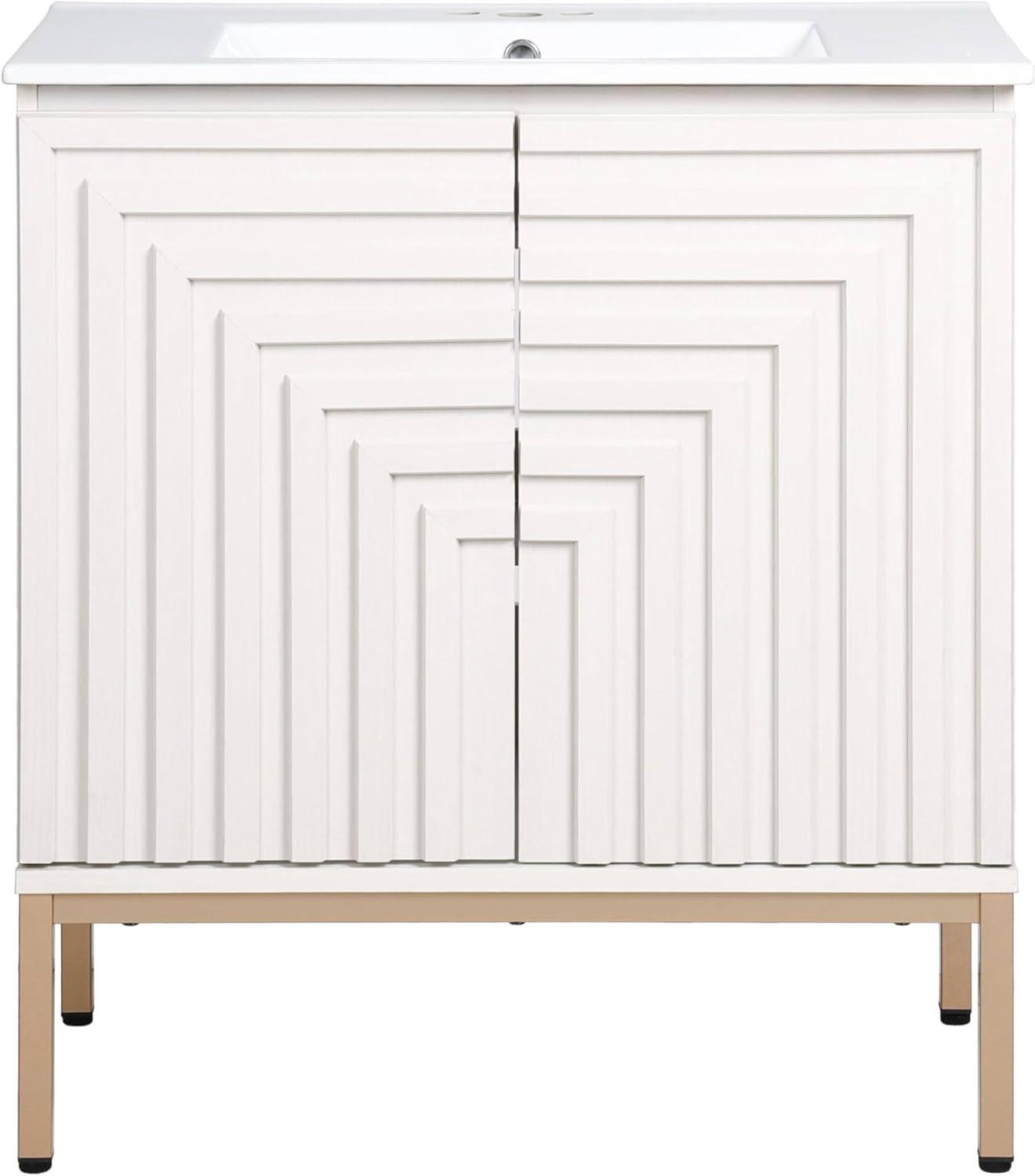 imageJONATHAN Y VAN1020A Rowan 30 in W x 18 in D x 33 in H Geometric Modern Transitional 2Shelf Bathroom Vanity Cabinet Only with Soft Closing Doors Sink Basin Not Included OakWhite
