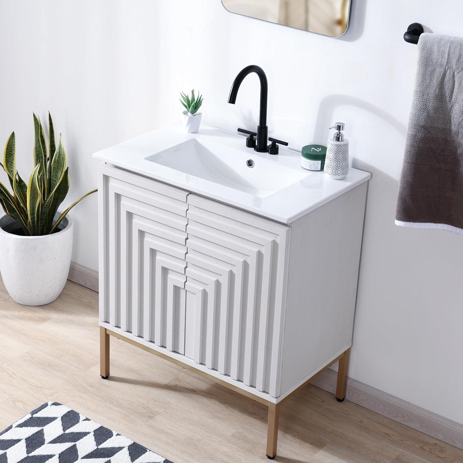 imageJONATHAN Y VAN1020A Rowan 30 in W x 18 in D x 33 in H Geometric Modern Transitional 2Shelf Bathroom Vanity Cabinet Only with Soft Closing Doors Sink Basin Not Included OakWhite
