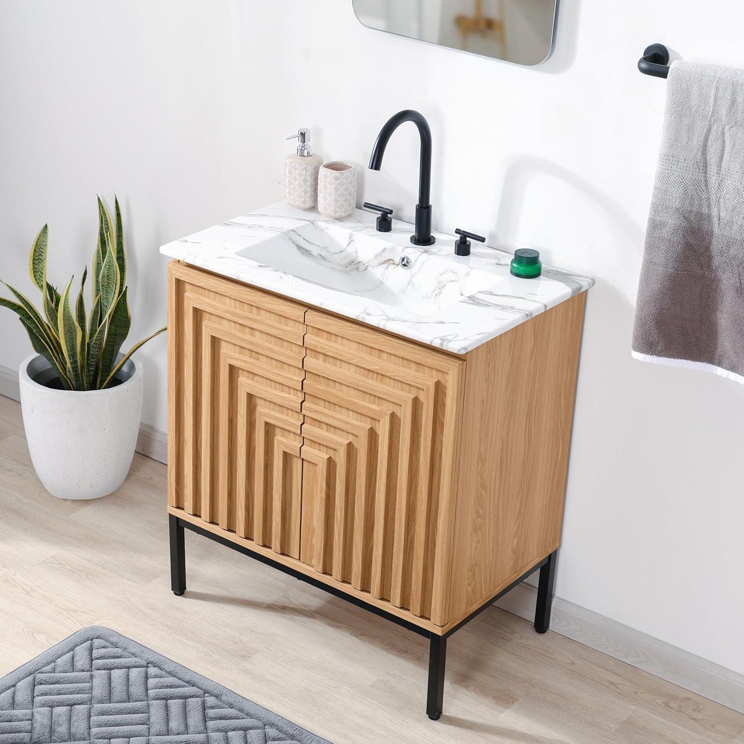 imageJONATHAN Y VAN1020A Rowan 30 in W x 18 in D x 33 in H Geometric Modern Transitional 2Shelf Bathroom Vanity Cabinet Only with Soft Closing Doors Sink Basin Not Included OakOak