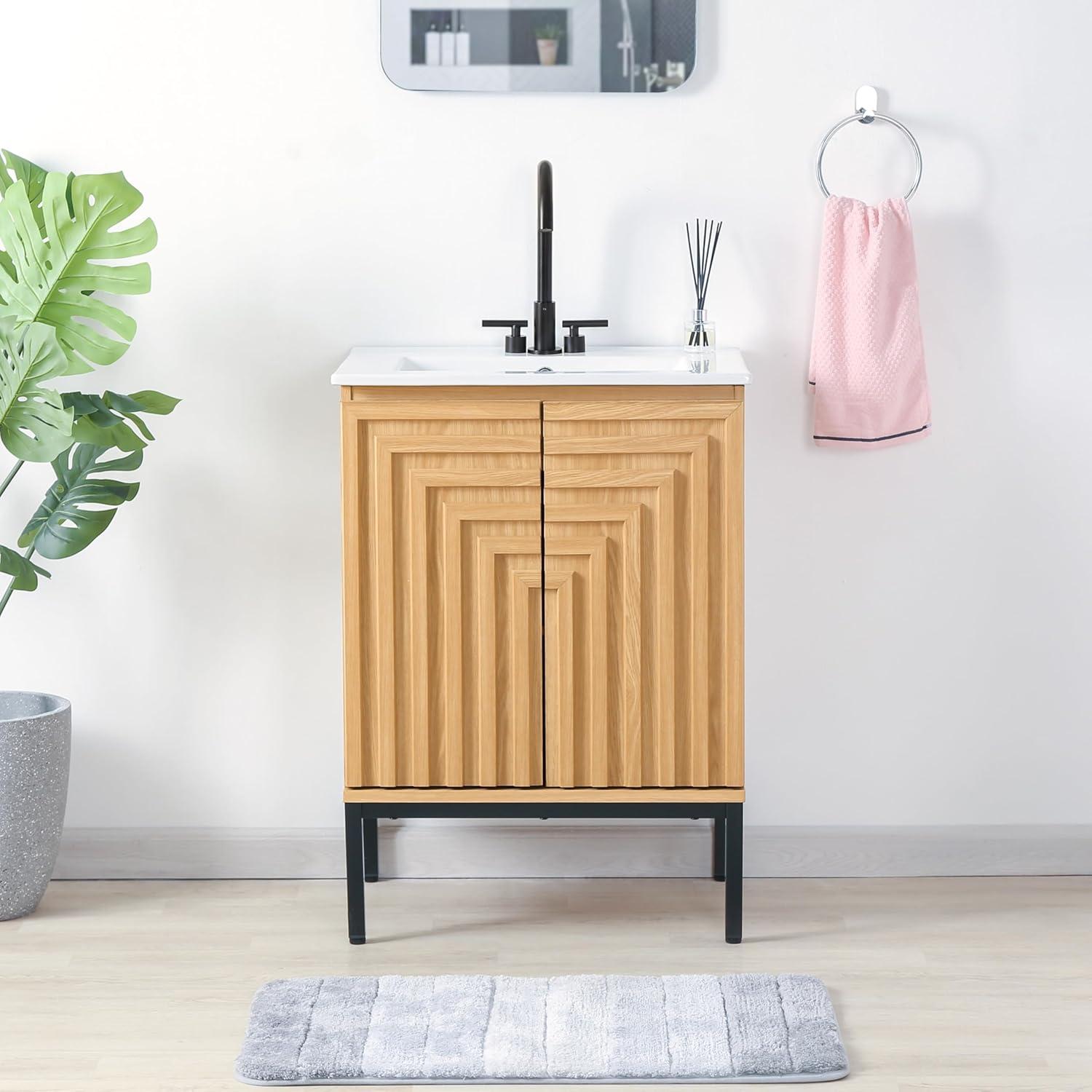 imageJONATHAN Y VAN1020A Rowan 30 in W x 18 in D x 33 in H Geometric Modern Transitional 2Shelf Bathroom Vanity Cabinet Only with Soft Closing Doors Sink Basin Not Included OakOak