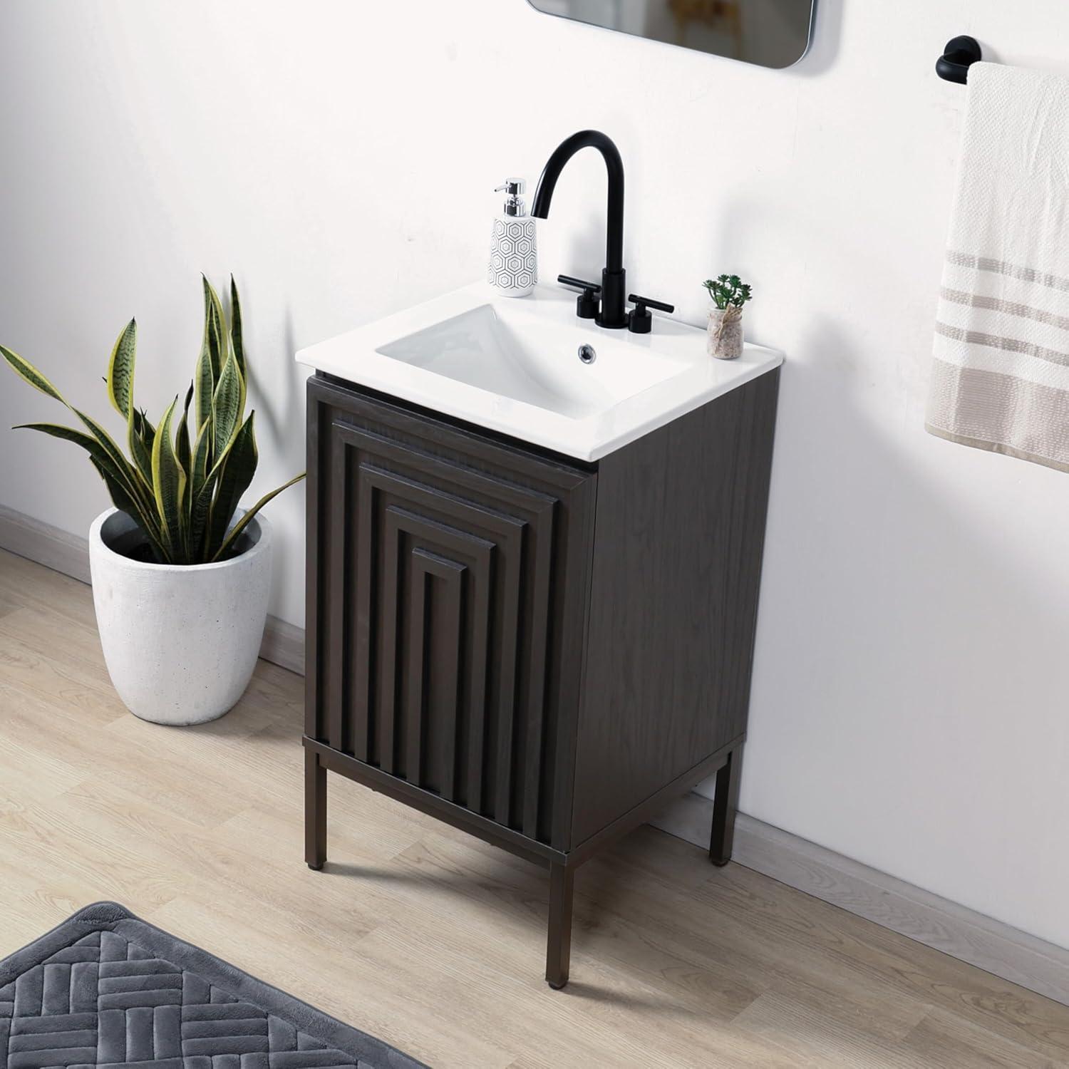 imageJONATHAN Y VAN1020A Rowan 30 in W x 18 in D x 33 in H Geometric Modern Transitional 2Shelf Bathroom Vanity Cabinet Only with Soft Closing Doors Sink Basin Not Included OakBlack