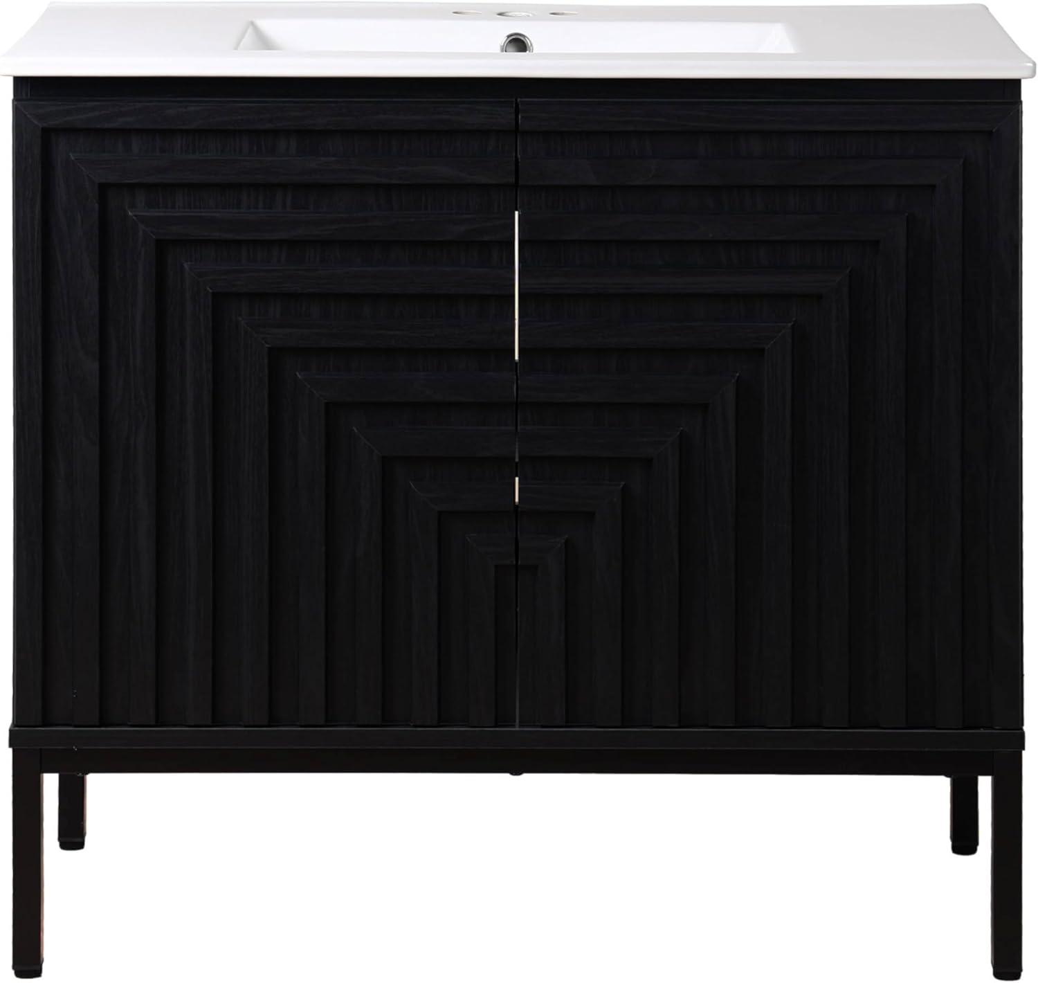 imageJONATHAN Y VAN1020A Rowan 30 in W x 18 in D x 33 in H Geometric Modern Transitional 2Shelf Bathroom Vanity Cabinet Only with Soft Closing Doors Sink Basin Not Included OakBlack