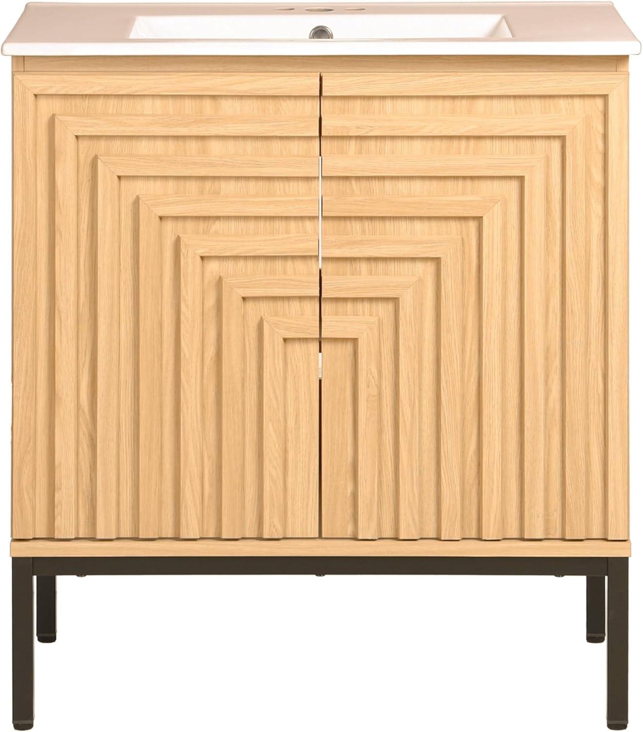 imageJONATHAN Y VAN1020A Rowan 30 in W x 18 in D x 33 in H Geometric Modern Transitional 2Shelf Bathroom Vanity Cabinet Only with Soft Closing Doors Sink Basin Not Included OakOak
