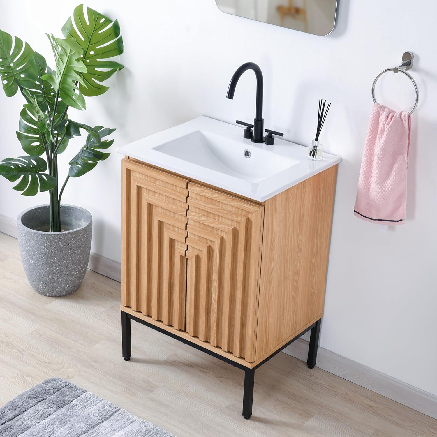 imageJONATHAN Y VAN1020A Rowan 30 in W x 18 in D x 33 in H Geometric Modern Transitional 2Shelf Bathroom Vanity Cabinet Only with Soft Closing Doors Sink Basin Not Included OakOak