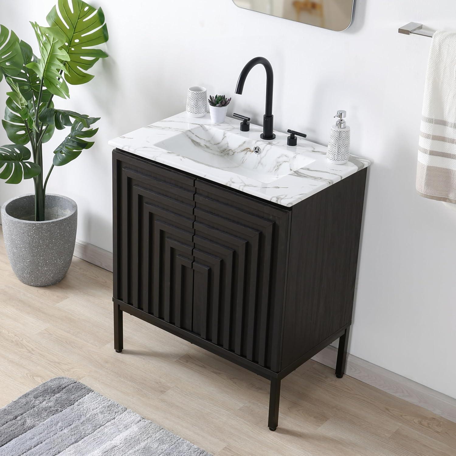 imageJONATHAN Y VAN1020A Rowan 30 in W x 18 in D x 33 in H Geometric Modern Transitional 2Shelf Bathroom Vanity Cabinet Only with Soft Closing Doors Sink Basin Not Included OakBlack