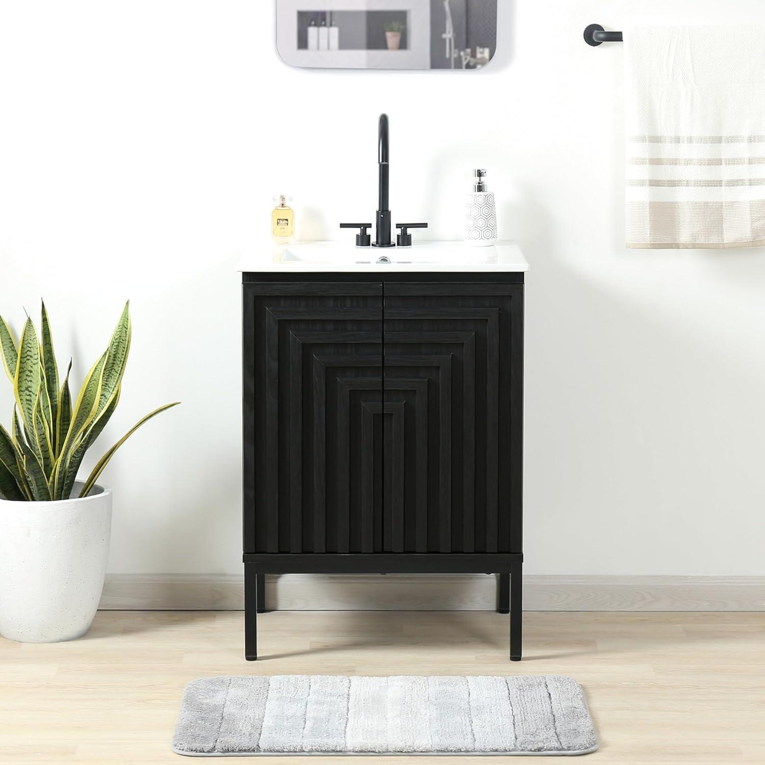 imageJONATHAN Y VAN1020A Rowan 30 in W x 18 in D x 33 in H Geometric Modern Transitional 2Shelf Bathroom Vanity Cabinet Only with Soft Closing Doors Sink Basin Not Included OakBlack