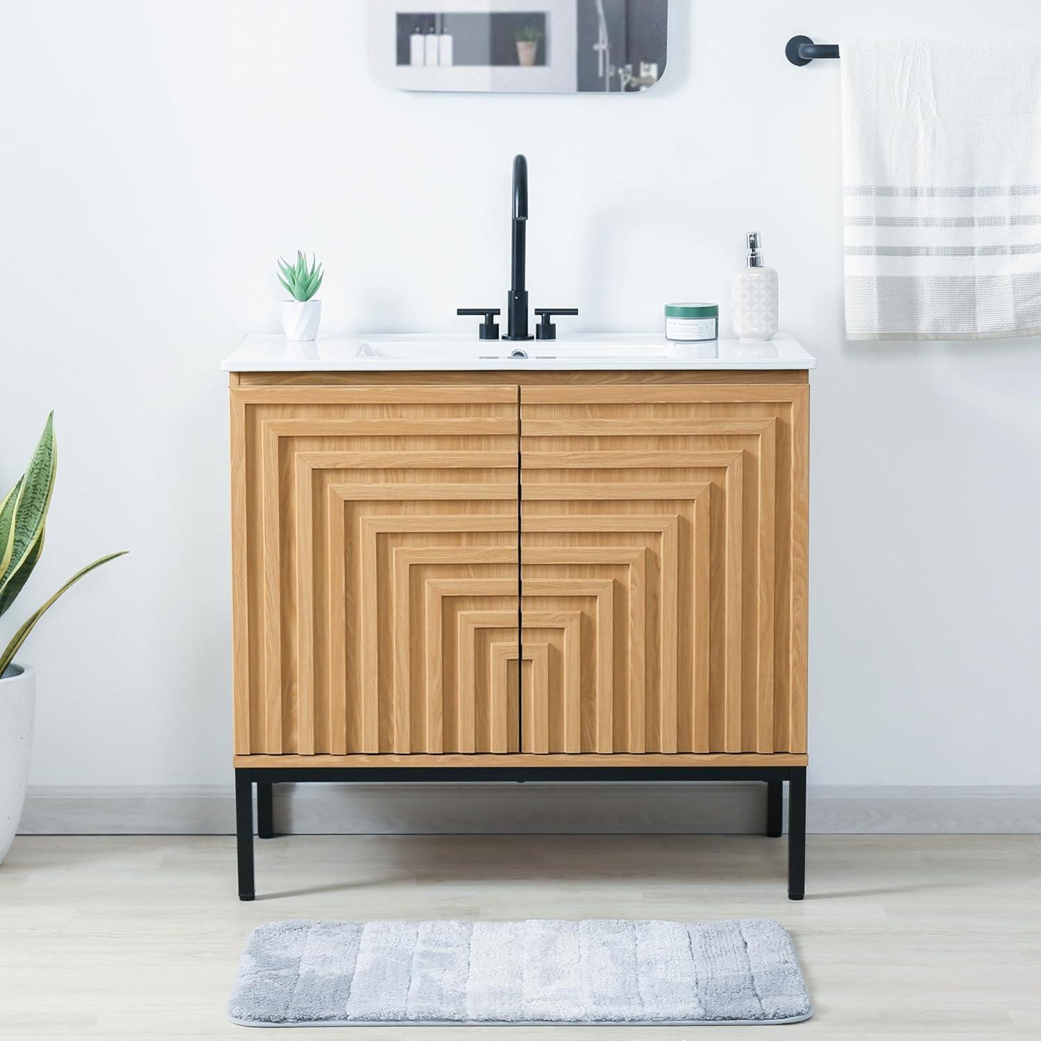 imageJONATHAN Y VAN1020A Rowan 30 in W x 18 in D x 33 in H Geometric Modern Transitional 2Shelf Bathroom Vanity Cabinet Only with Soft Closing Doors Sink Basin Not Included OakOak