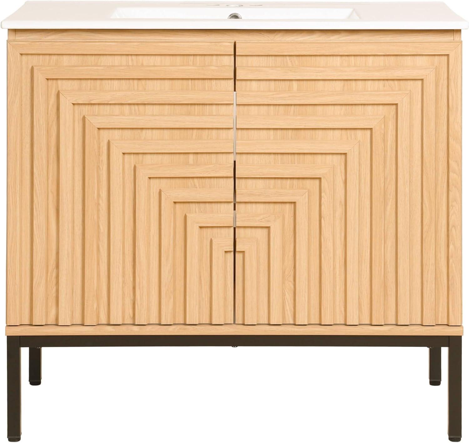 imageJONATHAN Y VAN1020A Rowan 30 in W x 18 in D x 33 in H Geometric Modern Transitional 2Shelf Bathroom Vanity Cabinet Only with Soft Closing Doors Sink Basin Not Included OakOak
