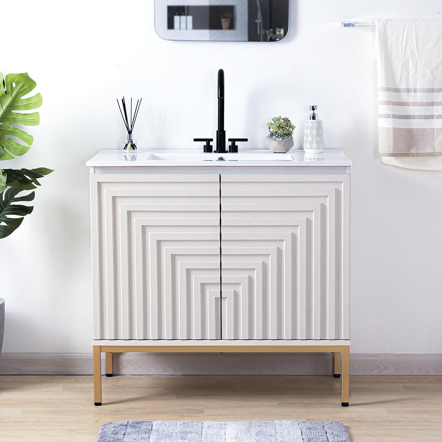 imageJONATHAN Y VAN1020A Rowan 30 in W x 18 in D x 33 in H Geometric Modern Transitional 2Shelf Bathroom Vanity Cabinet Only with Soft Closing Doors Sink Basin Not Included OakWhite