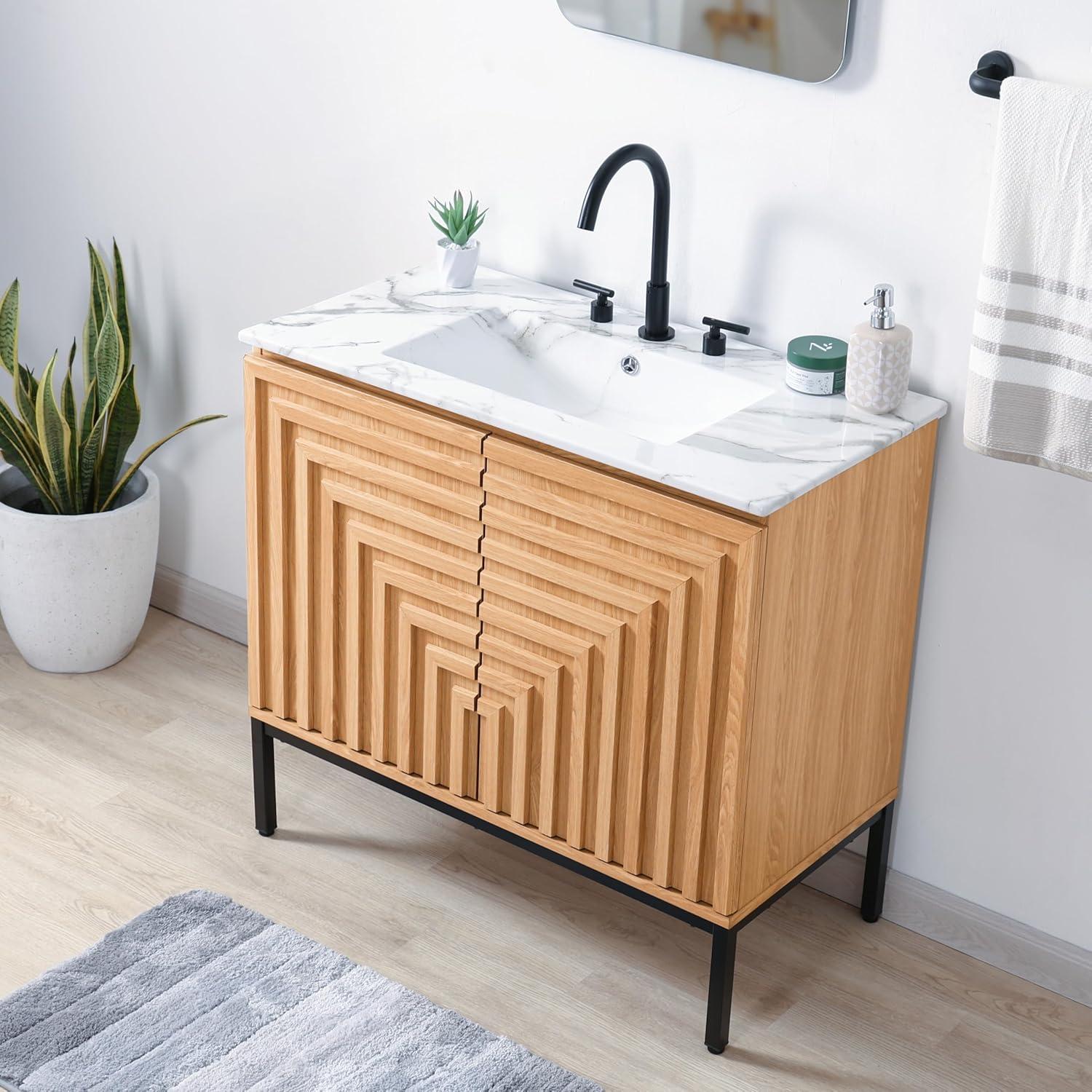 imageJONATHAN Y VAN1020A Rowan 30 in W x 18 in D x 33 in H Geometric Modern Transitional 2Shelf Bathroom Vanity Cabinet Only with Soft Closing Doors Sink Basin Not Included OakOak