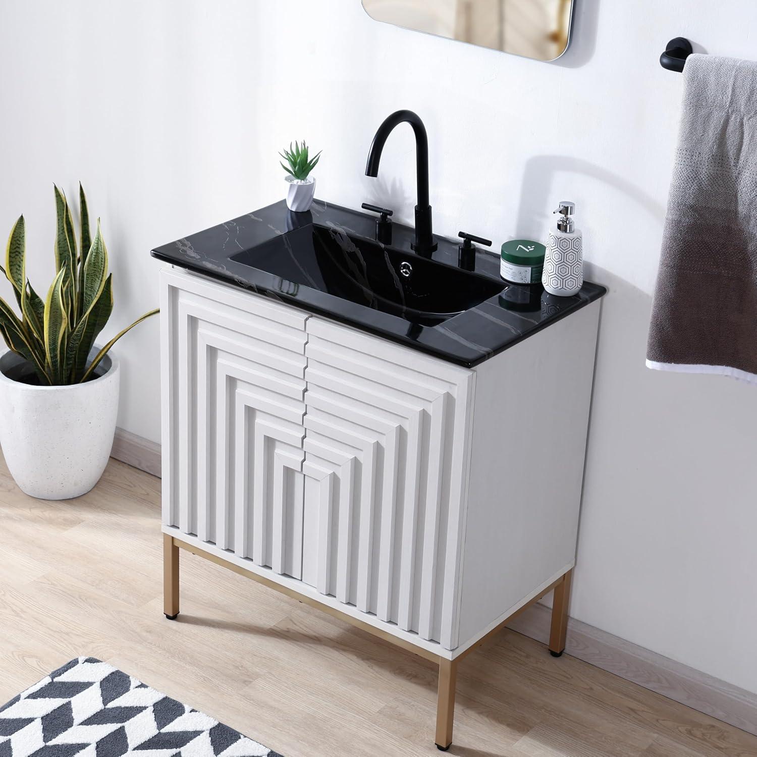 imageJONATHAN Y VAN1020A Rowan 30 in W x 18 in D x 33 in H Geometric Modern Transitional 2Shelf Bathroom Vanity Cabinet Only with Soft Closing Doors Sink Basin Not Included OakWhite