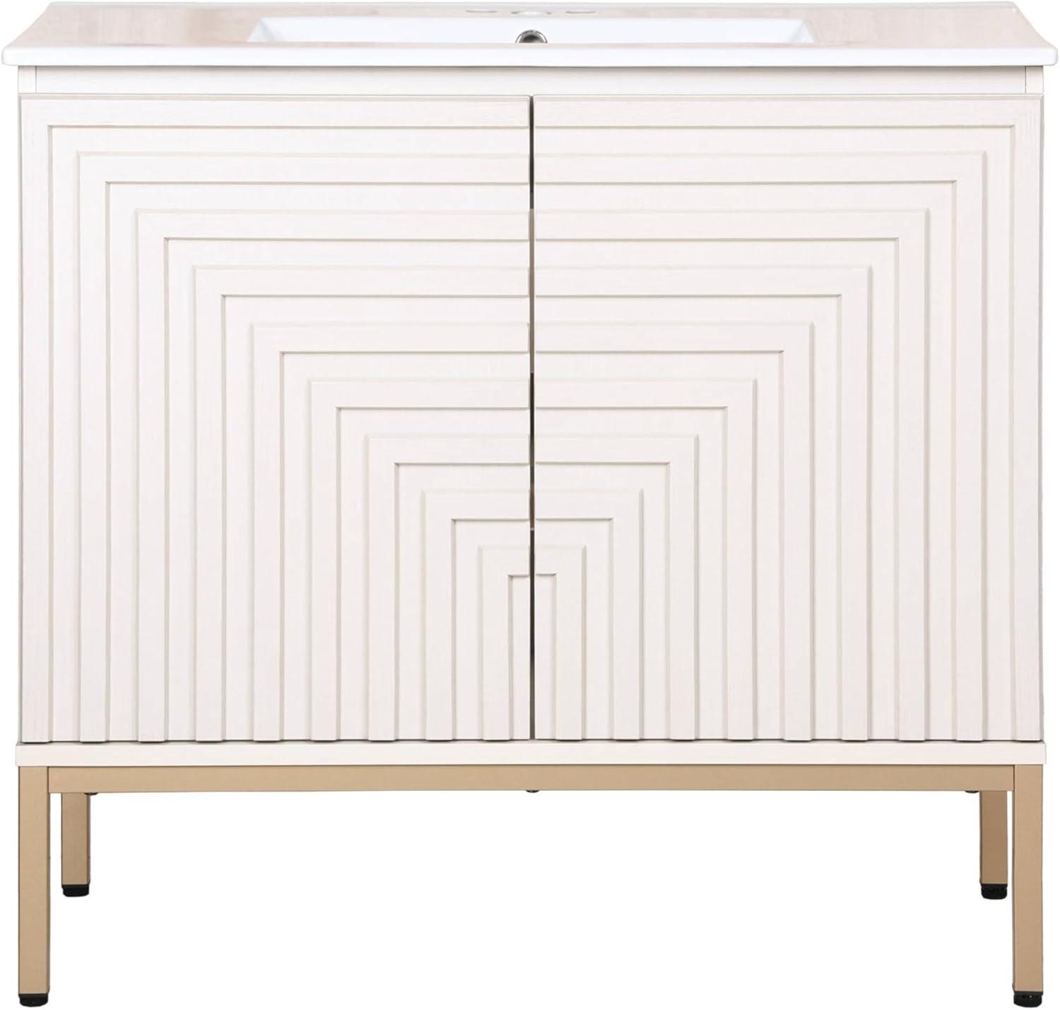 imageJONATHAN Y VAN1020A Rowan 30 in W x 18 in D x 33 in H Geometric Modern Transitional 2Shelf Bathroom Vanity Cabinet Only with Soft Closing Doors Sink Basin Not Included OakWhite