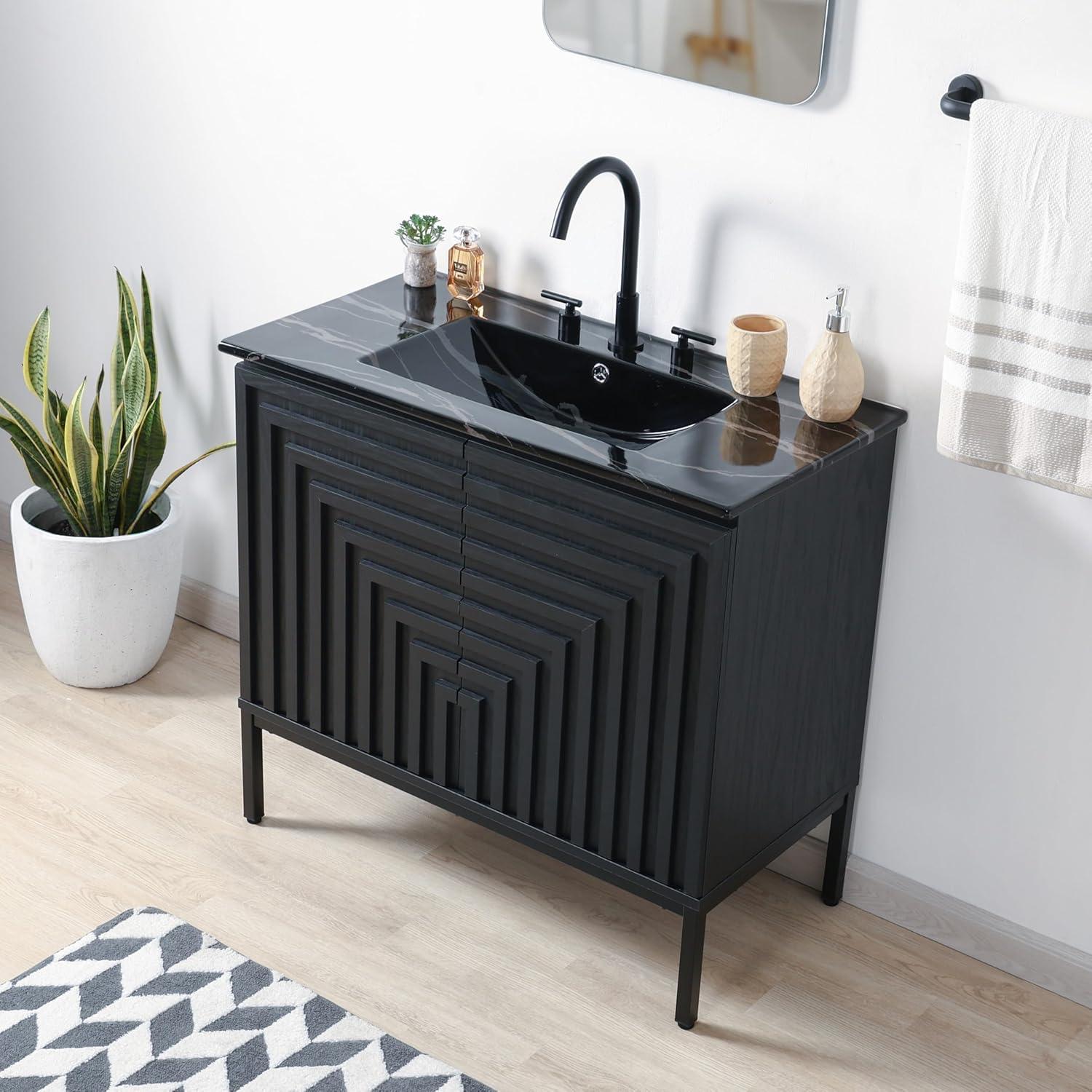 imageJONATHAN Y VAN1020A Rowan 30 in W x 18 in D x 33 in H Geometric Modern Transitional 2Shelf Bathroom Vanity Cabinet Only with Soft Closing Doors Sink Basin Not Included OakBlack