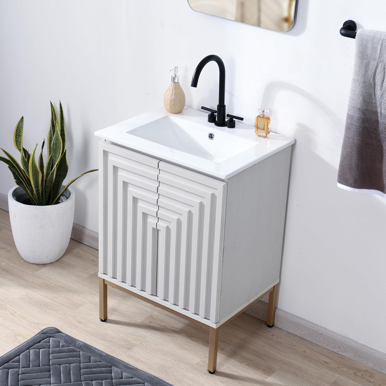 imageJONATHAN Y VAN1020A Rowan 30 in W x 18 in D x 33 in H Geometric Modern Transitional 2Shelf Bathroom Vanity Cabinet Only with Soft Closing Doors Sink Basin Not Included OakWhite