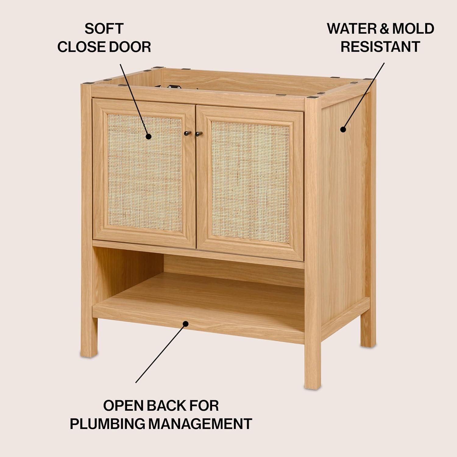 imageJONATHAN Y VAN1024B Jasper 30 in W x 18 in D x 33 in H Rattan Modern Coastal 2Shelf Bathroom Vanity Cabinet Only with Soft Closing Doors Sink Basin Not Included WalnutOak