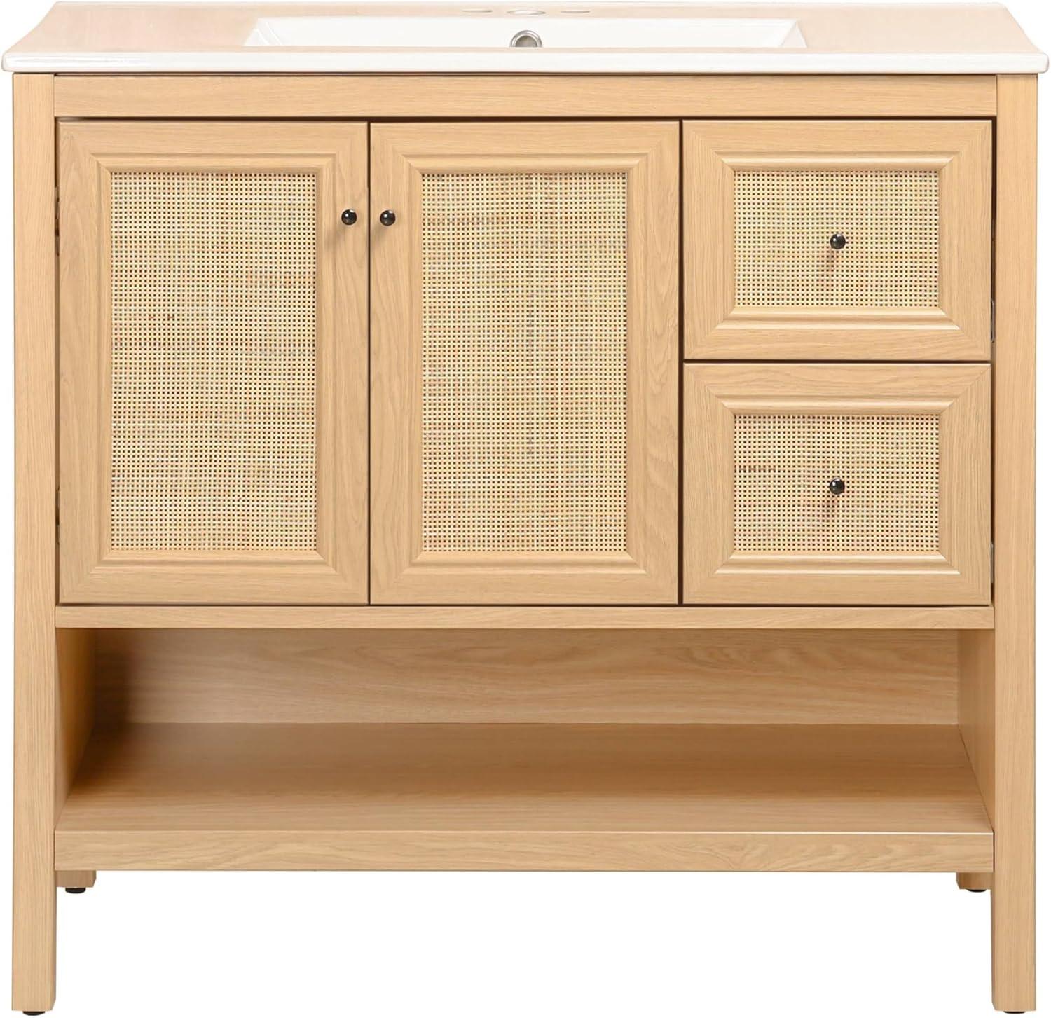 imageJONATHAN Y VAN1024B Jasper 30 in W x 18 in D x 33 in H Rattan Modern Coastal 2Shelf Bathroom Vanity Cabinet Only with Soft Closing Doors Sink Basin Not Included WalnutOak
