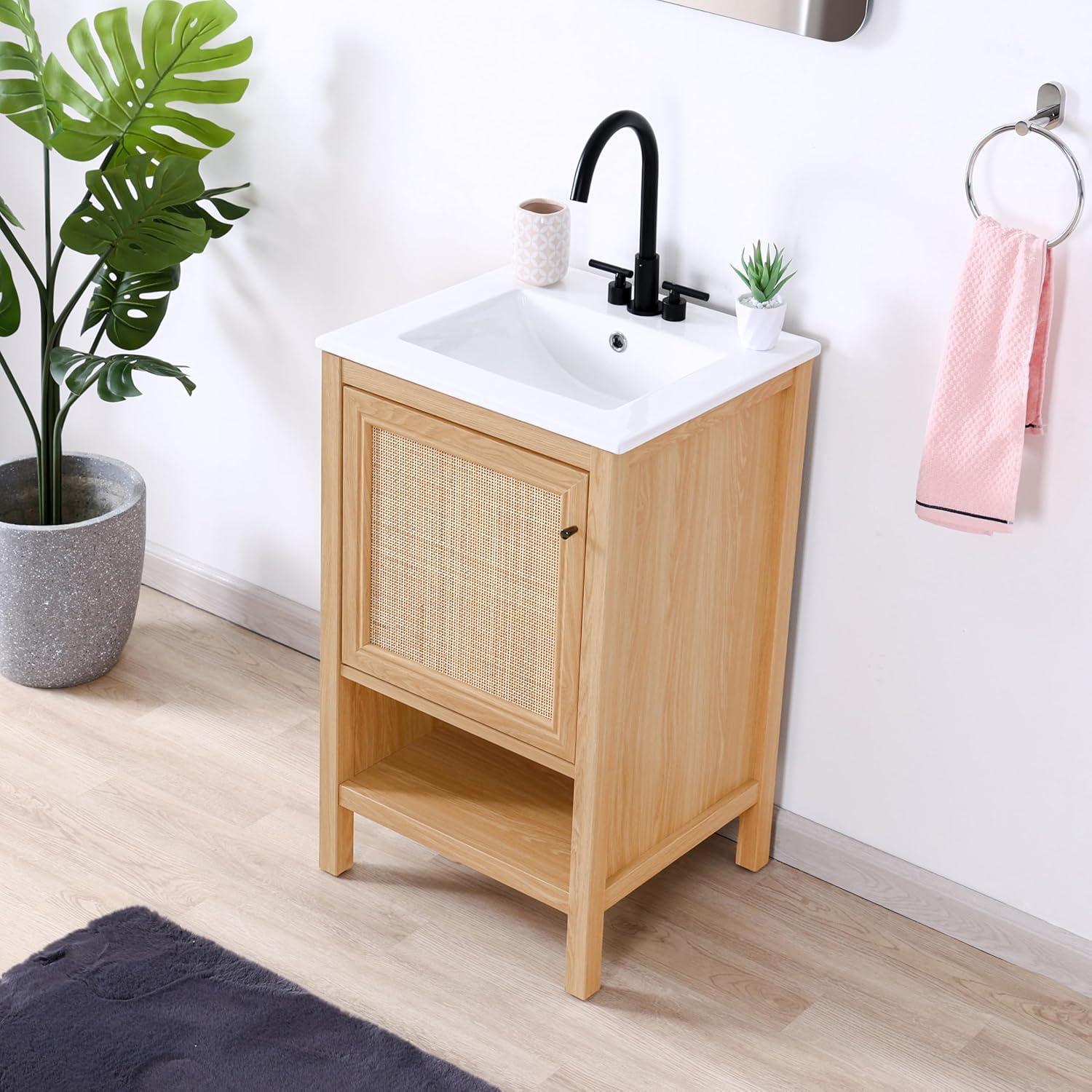 imageJONATHAN Y VAN1024B Jasper 30 in W x 18 in D x 33 in H Rattan Modern Coastal 2Shelf Bathroom Vanity Cabinet Only with Soft Closing Doors Sink Basin Not Included WalnutOak