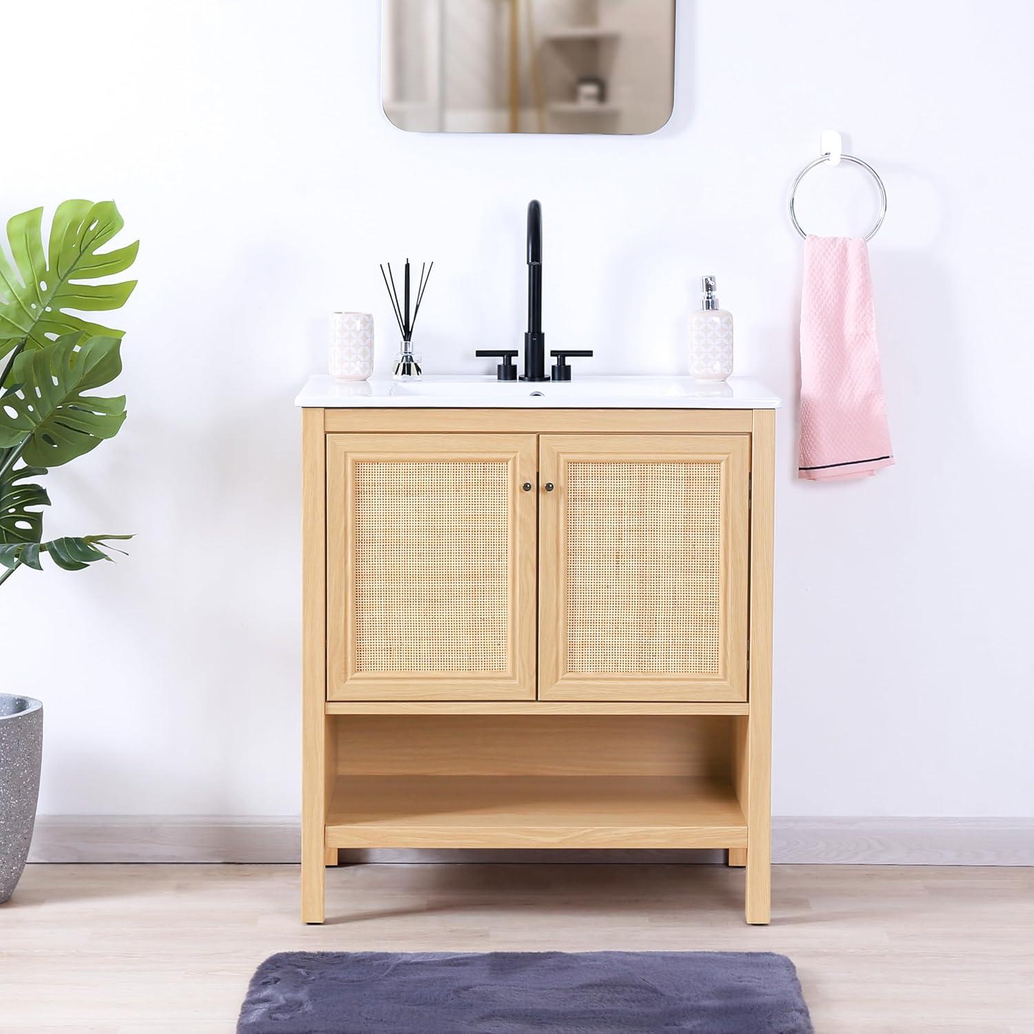 imageJONATHAN Y VAN1024B Jasper 30 in W x 18 in D x 33 in H Rattan Modern Coastal 2Shelf Bathroom Vanity Cabinet Only with Soft Closing Doors Sink Basin Not Included WalnutOak