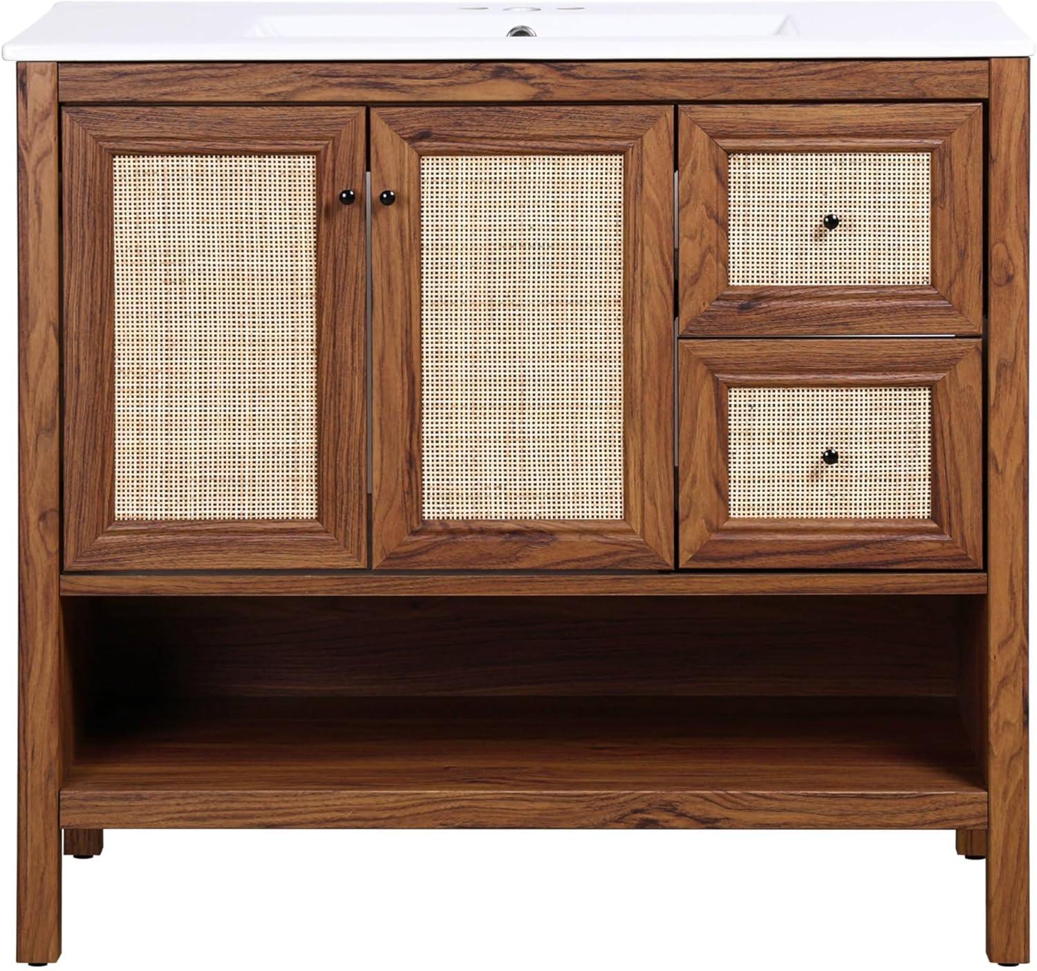imageJONATHAN Y VAN1024B Jasper 30 in W x 18 in D x 33 in H Rattan Modern Coastal 2Shelf Bathroom Vanity Cabinet Only with Soft Closing Doors Sink Basin Not Included WalnutWalnut