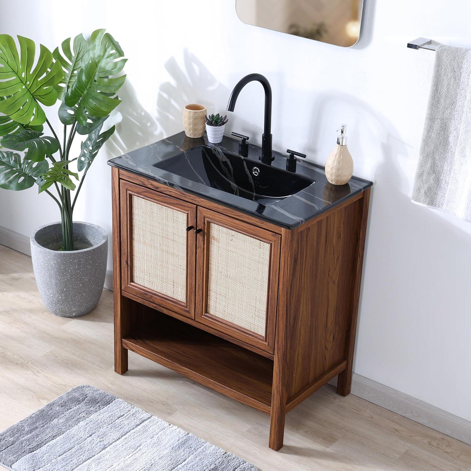 imageJONATHAN Y VAN1024B Jasper 30 in W x 18 in D x 33 in H Rattan Modern Coastal 2Shelf Bathroom Vanity Cabinet Only with Soft Closing Doors Sink Basin Not Included WalnutWalnut