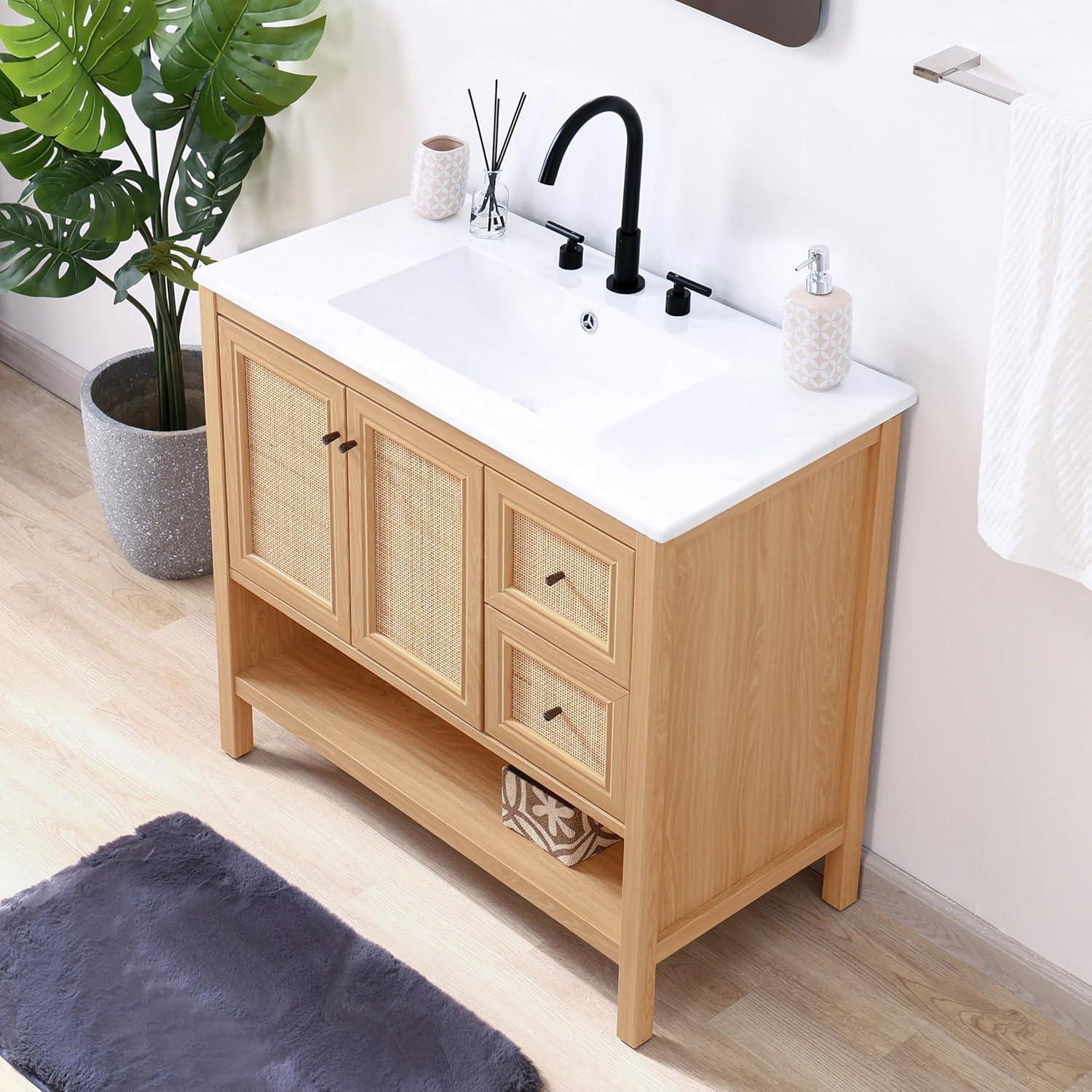 imageJONATHAN Y VAN1024B Jasper 30 in W x 18 in D x 33 in H Rattan Modern Coastal 2Shelf Bathroom Vanity Cabinet Only with Soft Closing Doors Sink Basin Not Included WalnutOak