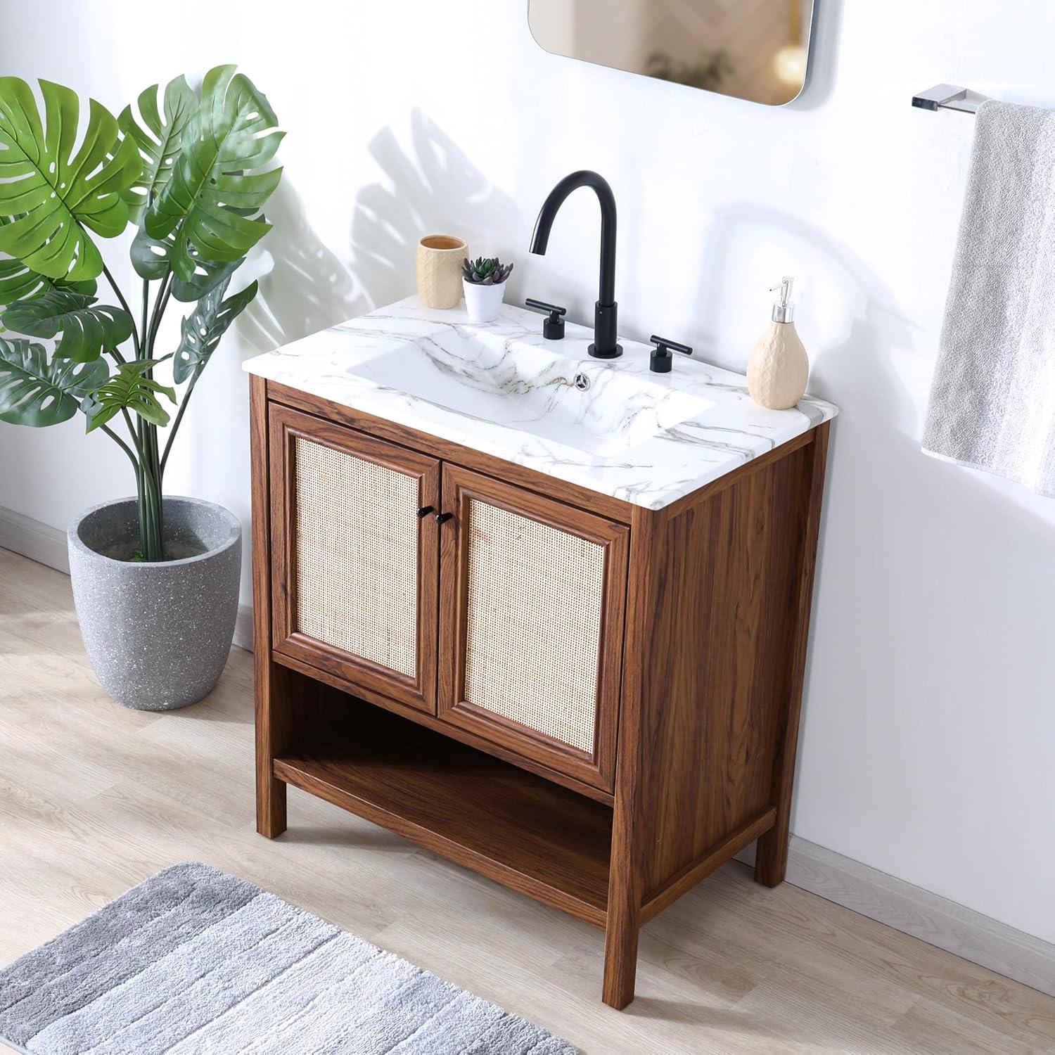 imageJONATHAN Y VAN1024B Jasper 30 in W x 18 in D x 33 in H Rattan Modern Coastal 2Shelf Bathroom Vanity Cabinet Only with Soft Closing Doors Sink Basin Not Included WalnutWalnut