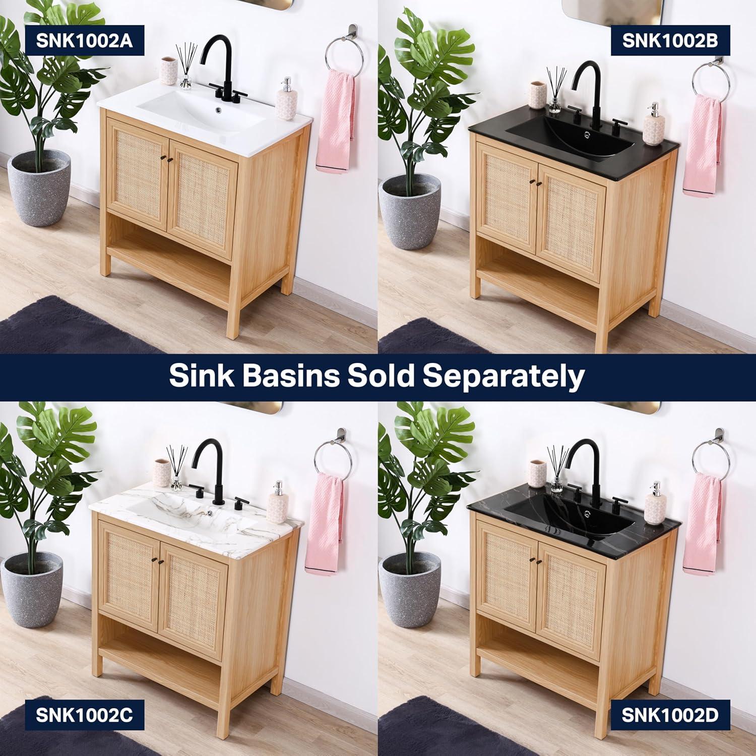 imageJONATHAN Y VAN1024B Jasper 30 in W x 18 in D x 33 in H Rattan Modern Coastal 2Shelf Bathroom Vanity Cabinet Only with Soft Closing Doors Sink Basin Not Included WalnutOak