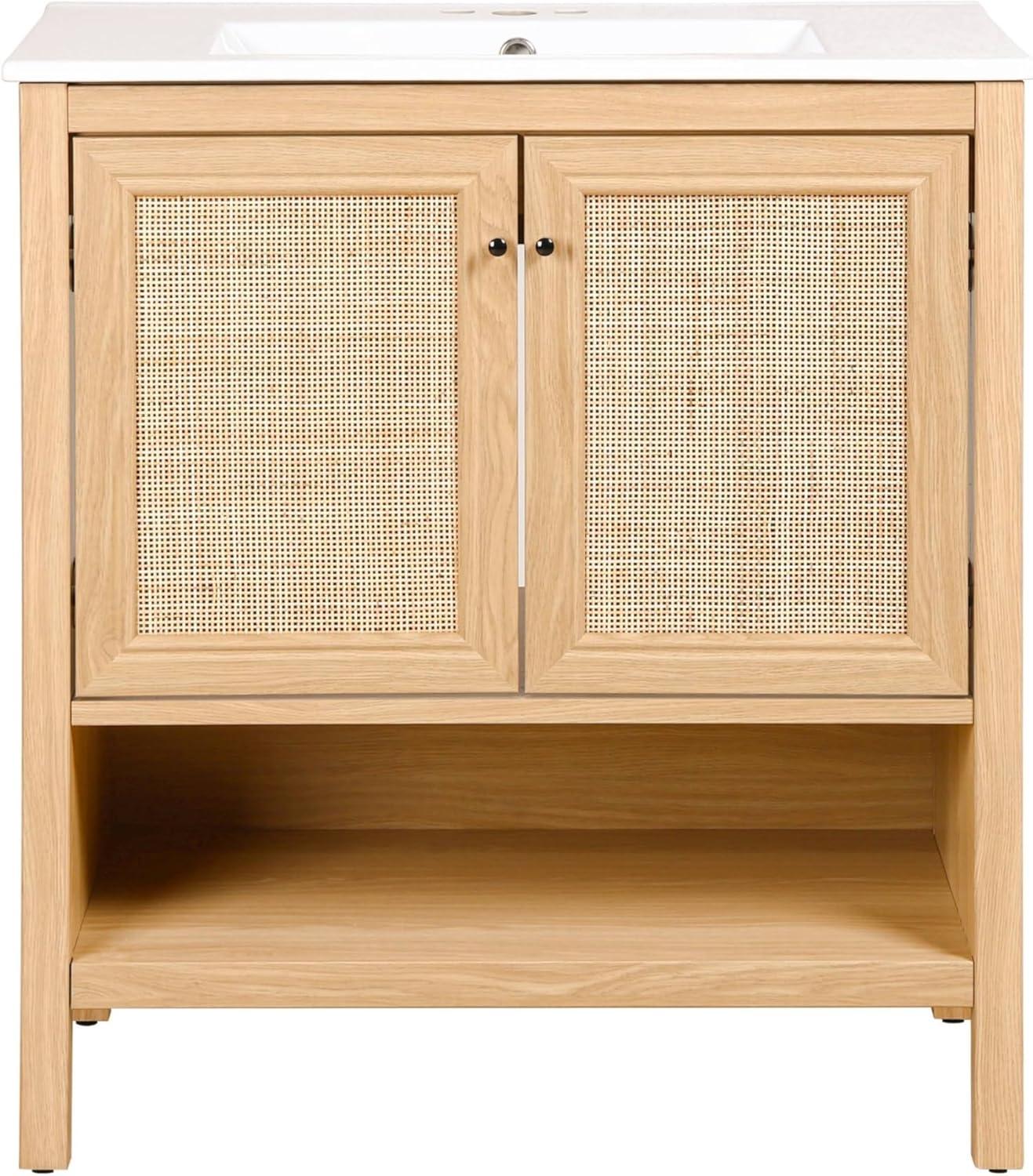 imageJONATHAN Y VAN1024B Jasper 30 in W x 18 in D x 33 in H Rattan Modern Coastal 2Shelf Bathroom Vanity Cabinet Only with Soft Closing Doors Sink Basin Not Included WalnutOak