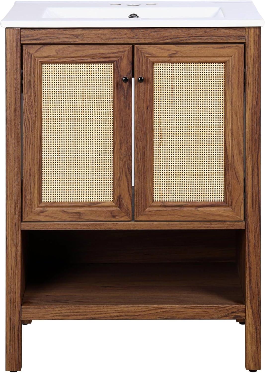 imageJONATHAN Y VAN1024B Jasper 30 in W x 18 in D x 33 in H Rattan Modern Coastal 2Shelf Bathroom Vanity Cabinet Only with Soft Closing Doors Sink Basin Not Included WalnutWalnut