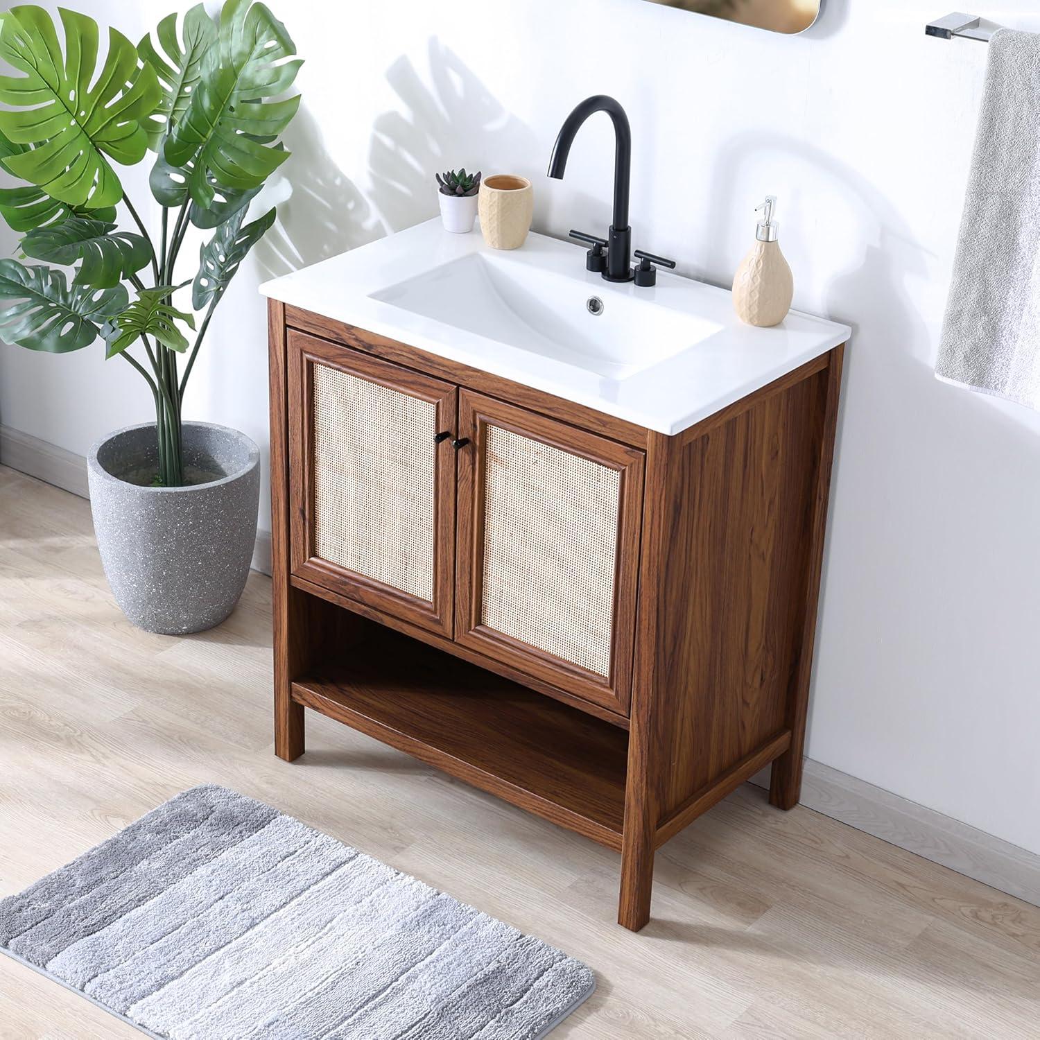 imageJONATHAN Y VAN1024B Jasper 30 in W x 18 in D x 33 in H Rattan Modern Coastal 2Shelf Bathroom Vanity Cabinet Only with Soft Closing Doors Sink Basin Not Included WalnutWalnut