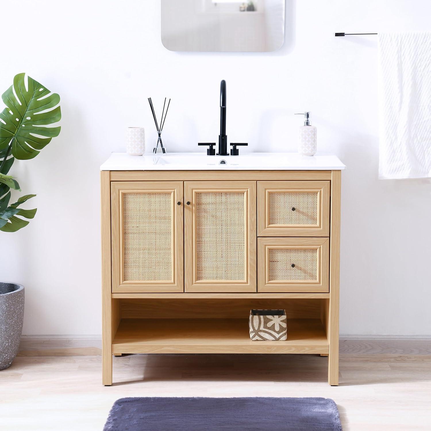 imageJONATHAN Y VAN1024B Jasper 30 in W x 18 in D x 33 in H Rattan Modern Coastal 2Shelf Bathroom Vanity Cabinet Only with Soft Closing Doors Sink Basin Not Included WalnutOak