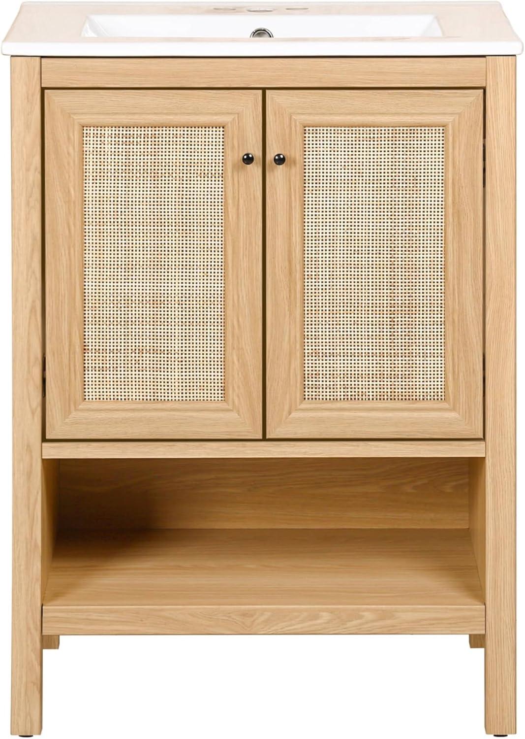 imageJONATHAN Y VAN1024B Jasper 30 in W x 18 in D x 33 in H Rattan Modern Coastal 2Shelf Bathroom Vanity Cabinet Only with Soft Closing Doors Sink Basin Not Included WalnutOak